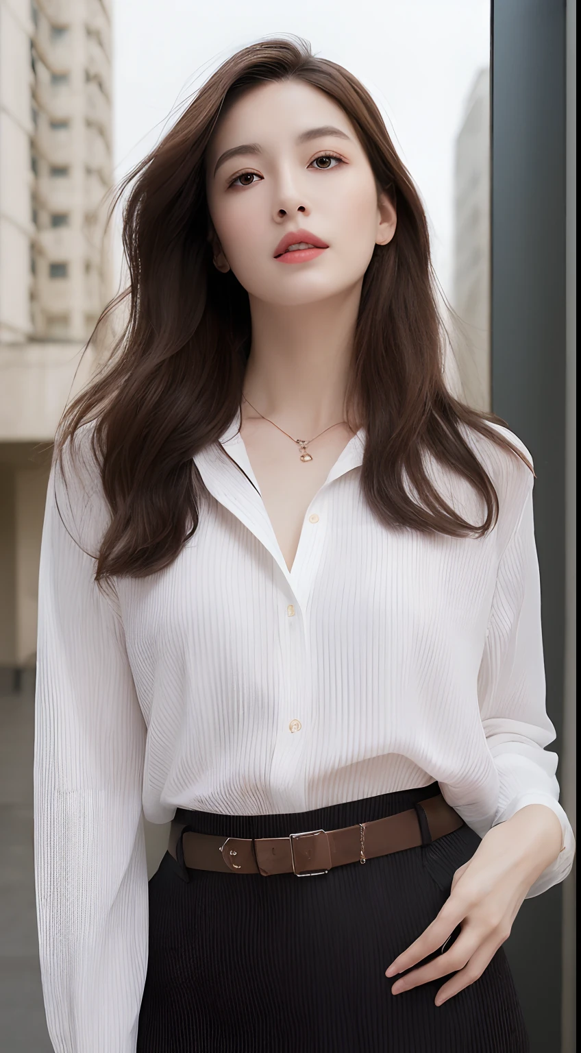(Best quality, High resolution, Masterpiece :1.3), A tall and pretty woman, Slender abs, Dark brown hair styled in loose waves, Breasts, Wearing pendant, White button up shirt, Belt, Black skirt, (Modern architecture in background), Details exquisitely rendered in the face and skin texture, Detailed eyes, Double eyelid
