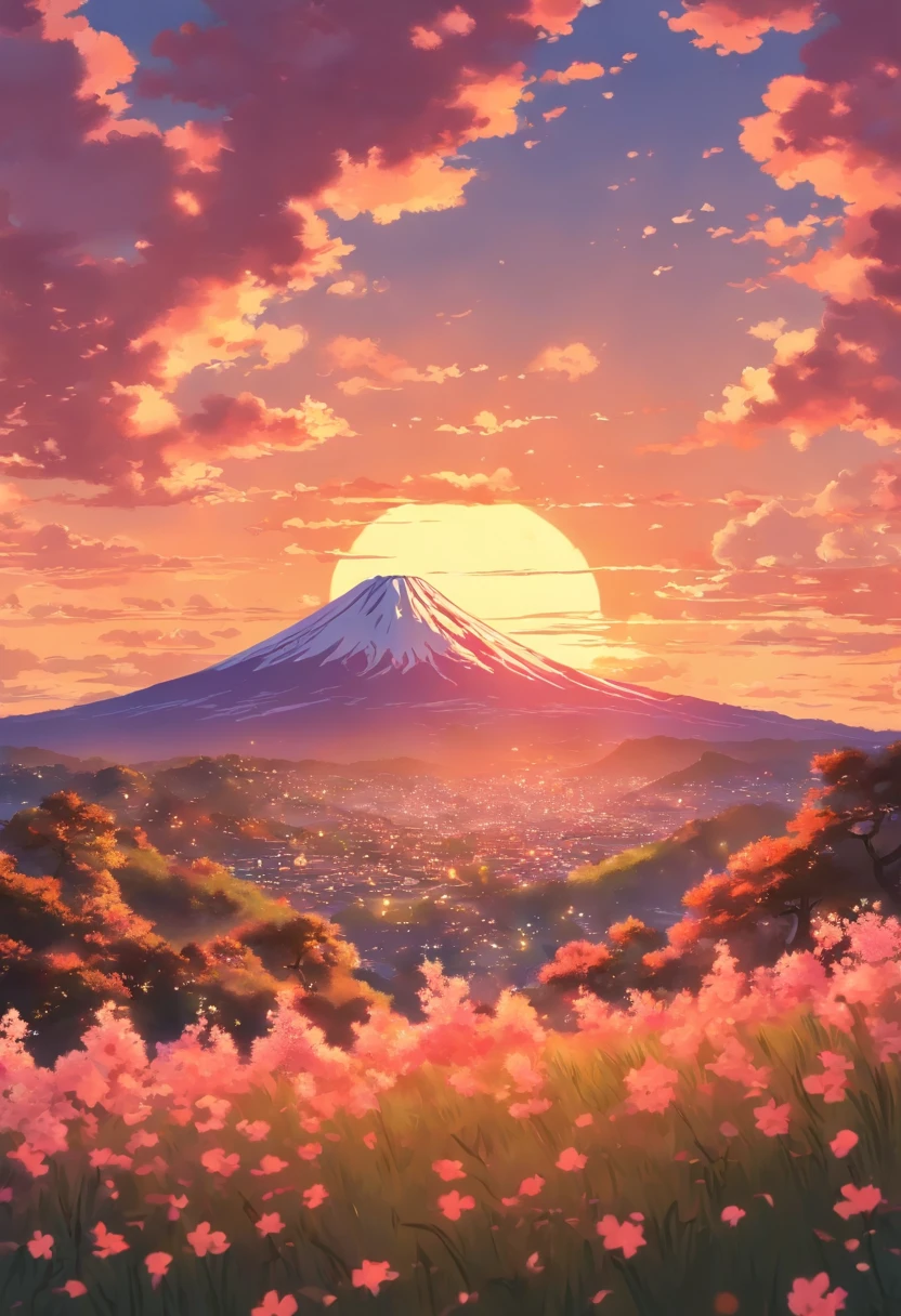 In the style of Studio Ghibli and Kyoto Animation，Depicting the tranquil scenery at sunset in anime style，The fields are full of life、Cherry blossom trees in full bloom。