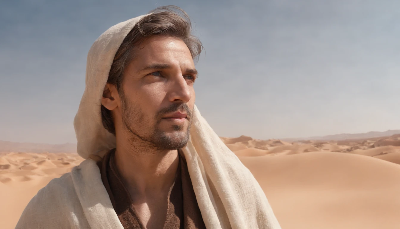 Hooded man standing in desert with heaven in the background, portrait of bedouin d&D, Still from the live-action movie, supervision: by Etienne Delessert, IMAX photography, james gurney and andreas rocha, 2020 Dune Movie, medium shot of two characters, Danube, Sony Photos, 4K still images, Video images of biblical prophets, He looked up to heaven,、I cry out to God to make him listen, Warm earthy tones, And deep shadows, It is a sensible expression, - V5 - Stylize 1000, The prophet of the Bible cries out to God for the lives of his people, masterpiece, intricate detailes, cinematic, Biblical prophets look up to heaven, Beautiful blue sky with one cloud, Located in the Sinai Desert, on a hill, In the background is a desert and a small biblical village, 50-year-old biblical character, in desert: Epic Realistic, Soft Cinematic Portrait, adobe lightroom, photographic lab, ighly detailed, faded, arte De greg Rutkowski e artgerm ,neutral colors: 1,2), (nffsw: 1,4) , (Soft colors:1.2), Hiperde Tarhad, (art stations:1.4), cinematic, warm light, Dramatic light, (intricate detailes:1.1), the complex background, (rutkowski:0.66), (blue and orange:0.4), cinematic, Looking up at the sky in a brown robe, (((perfect eyes, expresive))), 8K, look up to, Still blue sky, ((the perfect appearance, expresive))), (((Only one man))), ((short gray beard and short gray hair,)), look up sky, (((perfect eyes)) Spectacular images, movie, Cinematic 8K, Half-body image, American Plan, He is alone、His eyes are staring at the blue sky with clouds, (((A detailed eye, Very sharp, expresive))) ((has a short beard and short gray hair)), 8K, cinematic, masterpiece, (((ember))), ((((Alone in the desert)))), Perfect and expressive eyes, It's just a guy and、It's one person,