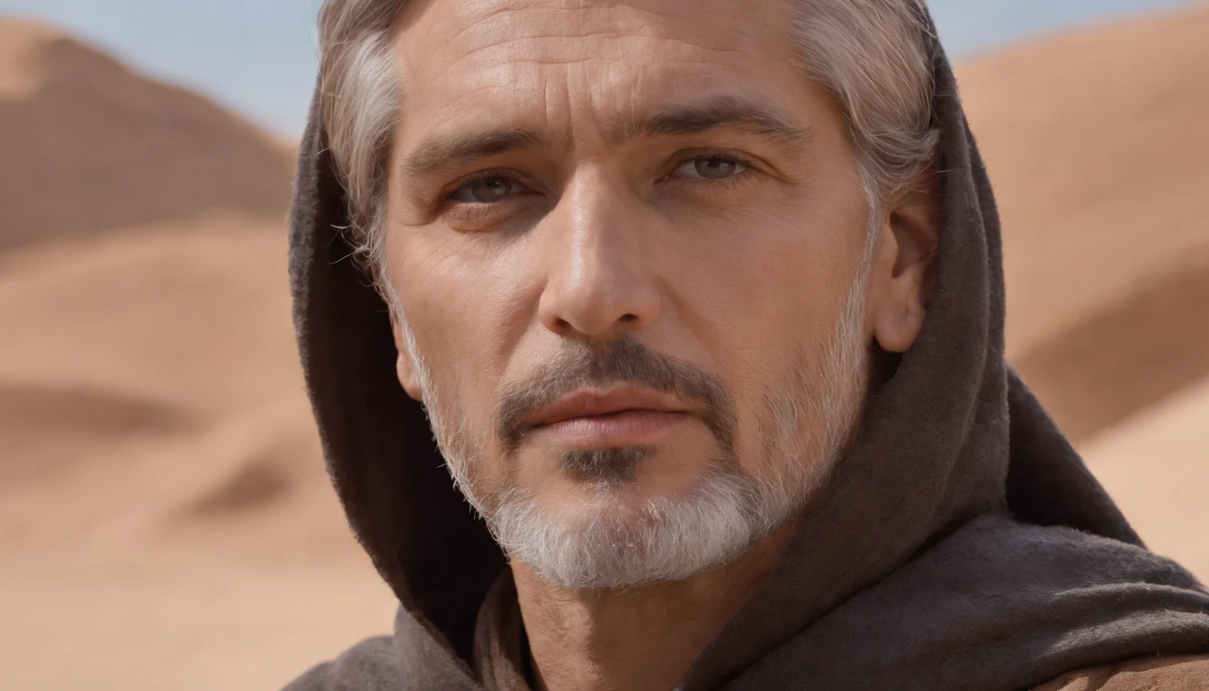 Hooded man standing in desert with heaven in the background, portrait of bedouin d&D, Still from the live-action movie, supervision: by Etienne Delessert, IMAX photography, james gurney and andreas rocha, 2020 Dune Movie, medium shot of two characters, Danube, Sony Photos, 4K still images, Video images of biblical prophets, He looked up to heaven,、I cry out to God to make him listen, Warm earthy tones, And deep shadows, It is a sensible expression, - V5 - Stylize 1000, The prophet of the Bible cries out to God for the lives of his people, masterpiece, intricate detailes, cinematic, Biblical prophets look up to heaven, Beautiful blue sky with one cloud, Located in the Sinai Desert, on a hill, In the background is a desert and a small biblical village, 50-year-old biblical character, in desert: Epic Realistic, Soft Cinematic Portrait, adobe lightroom, photographic lab, ighly detailed, faded, arte De greg Rutkowski e artgerm ,neutral colors: 1,2), (nffsw: 1,4) , (Soft colors:1.2), Hiperde Tarhad, (art stations:1.4), cinematic, warm light, Dramatic light, (intricate detailes:1.1), the complex background, (rutkowski:0.66), (blue and orange:0.4), cinematic, Looking up at the sky in a brown robe, (((perfect eyes, expresive))), 8K, look up to, Still blue sky, ((the perfect appearance, expresive))), (((Only one man))), ((short gray beard and short gray hair,)), look up sky, (((perfect eyes)) Spectacular images, movie, Cinematic 8K, Half-body image, American Plan, He is alone、His eyes are staring at the blue sky with clouds, (((A detailed eye, Very sharp, expresive))) ((has a short beard and short gray hair)), 8K, cinematic, masterpiece, (((ember))), ((((Alone in the desert)))), Perfect and expressive eyes, It's just a guy and、It's one person,