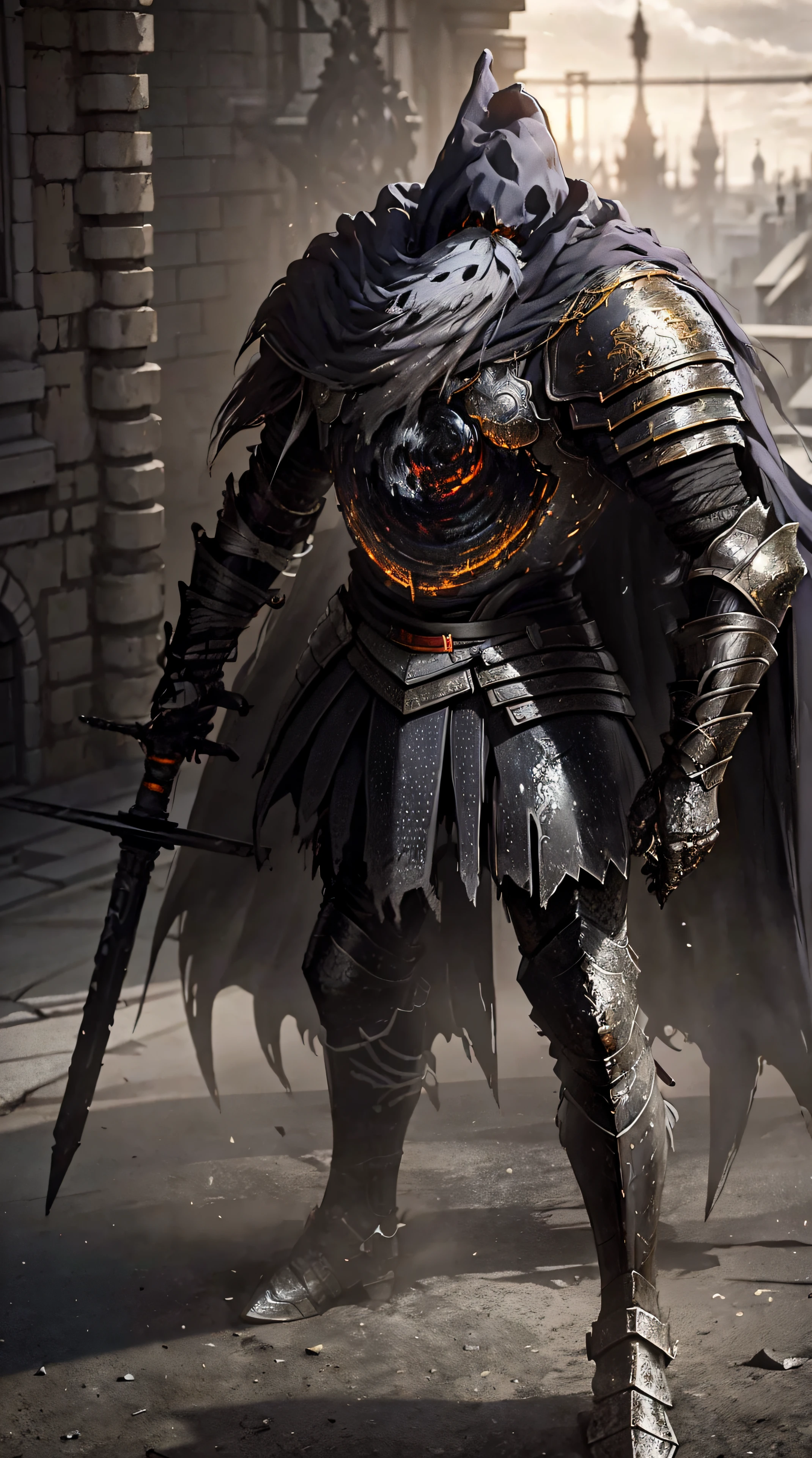 anime character with sword standing in front of a building, fallen knight, from arknights, gothic knight, evil knight, the style of wlop, fantasy knight, knight, royal emperor, dark souls knight, off-white plated armor, wearing heavy armor with cape, black heavy armor with gold trim, smooth anime cg art, artorias, glowing sword