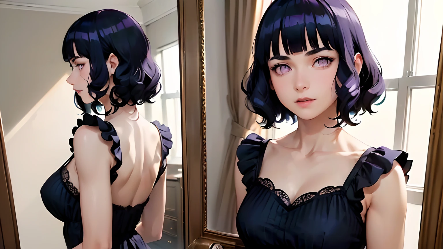 (masterpiece, best quality, ultra-detailed, best shadow), (detailed background, upper body, cowboy shot, mirror image, indoors, bedroom, looking at mirror, (nervous), adjusting clothes ), (detailed face, masculine features, nerd), high contrast, (best illumination), ((cinematic light)), colorful, hyper detail, dramatic light, intricate details, ( 1girl, solo, dark blue hair, Blunt Bangs, purple eyes, medium hair, curly hair, flapper hair, slim, flapper dress, 1920s )
