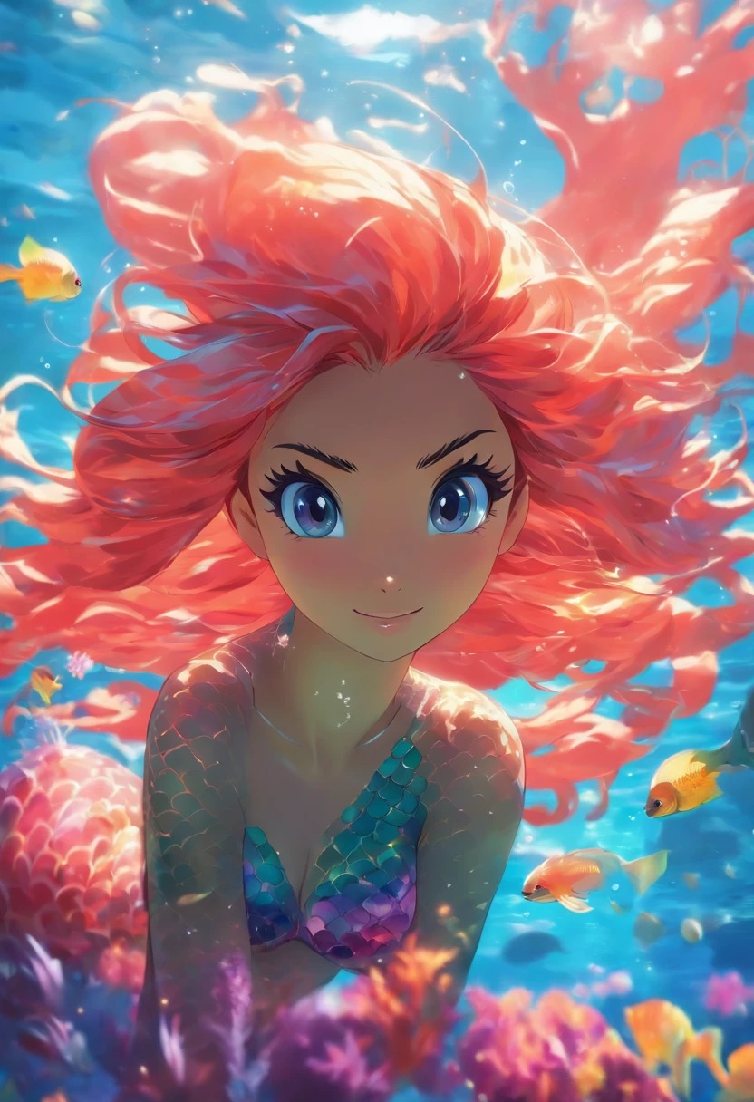 Beautiful and detailed underwater scenes from mermaid themed anime,With bright colors and complex aquatic life,Inspired by Hideaki Anno and Stanley Artgerm Lau。