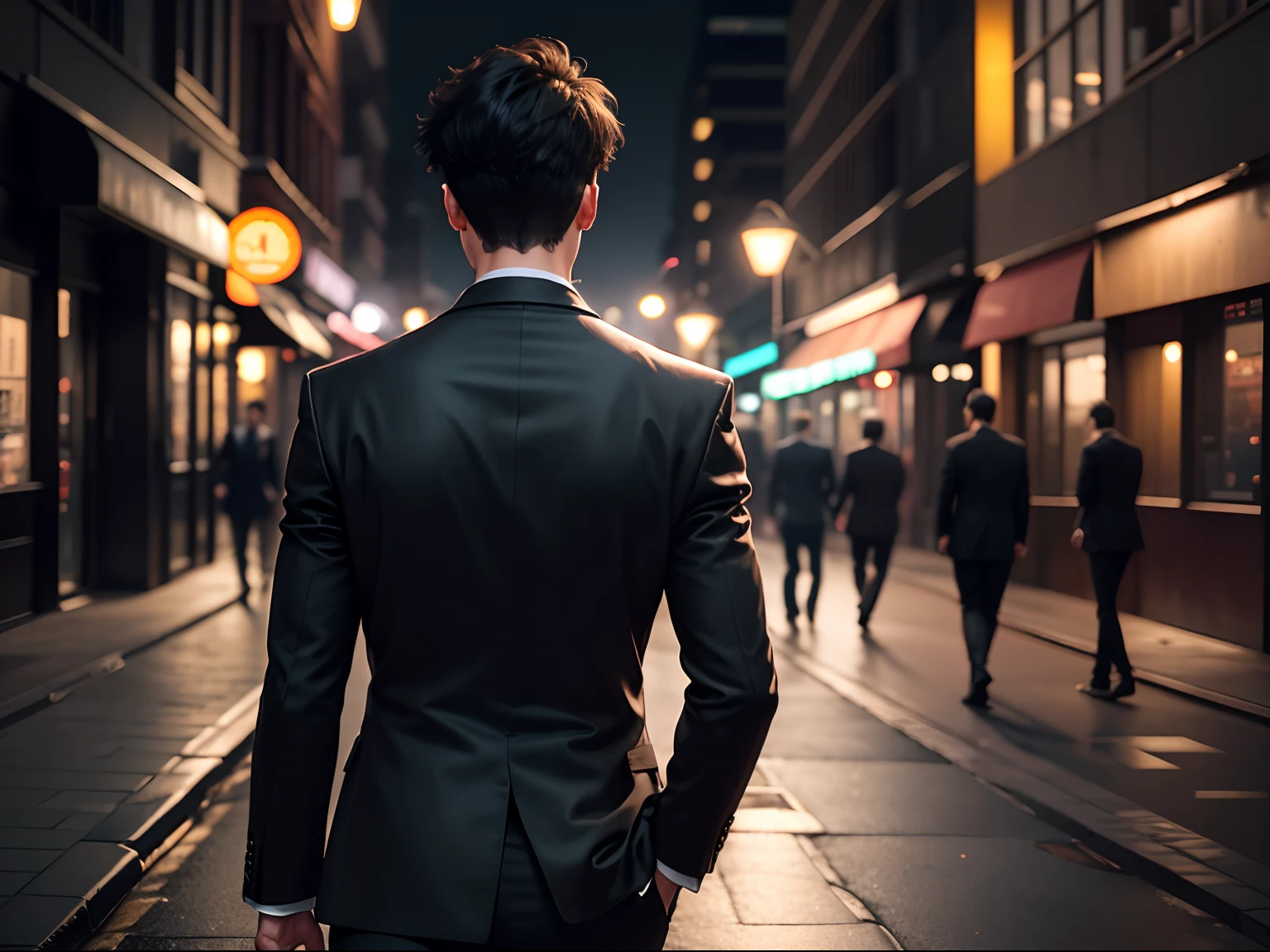 realistic 8k image of a 25 year old man, short black hair, wearing a black blazer with a white blouse underneath, scared expression, looking back and walking on a night street, night scene