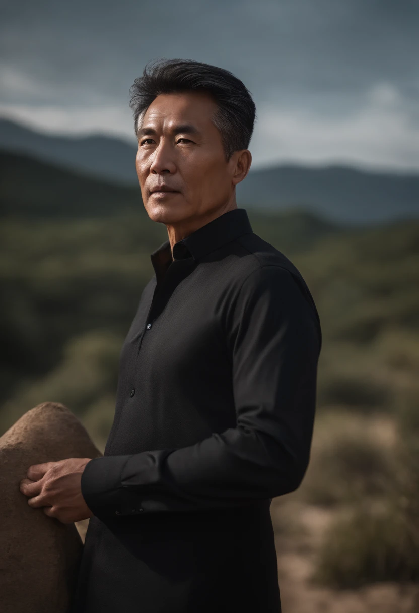 1man，A 50-year-old Chinese male，Wears a long-sleeved black shirt，Upper body，frontage，gentlesoftlighting，tmasterpiece，best qualtiy，8K  UHD，digital SLR camera，filmgrain，Midjourney and greg rutkowski's Fujifilm XT3 realistic painting art