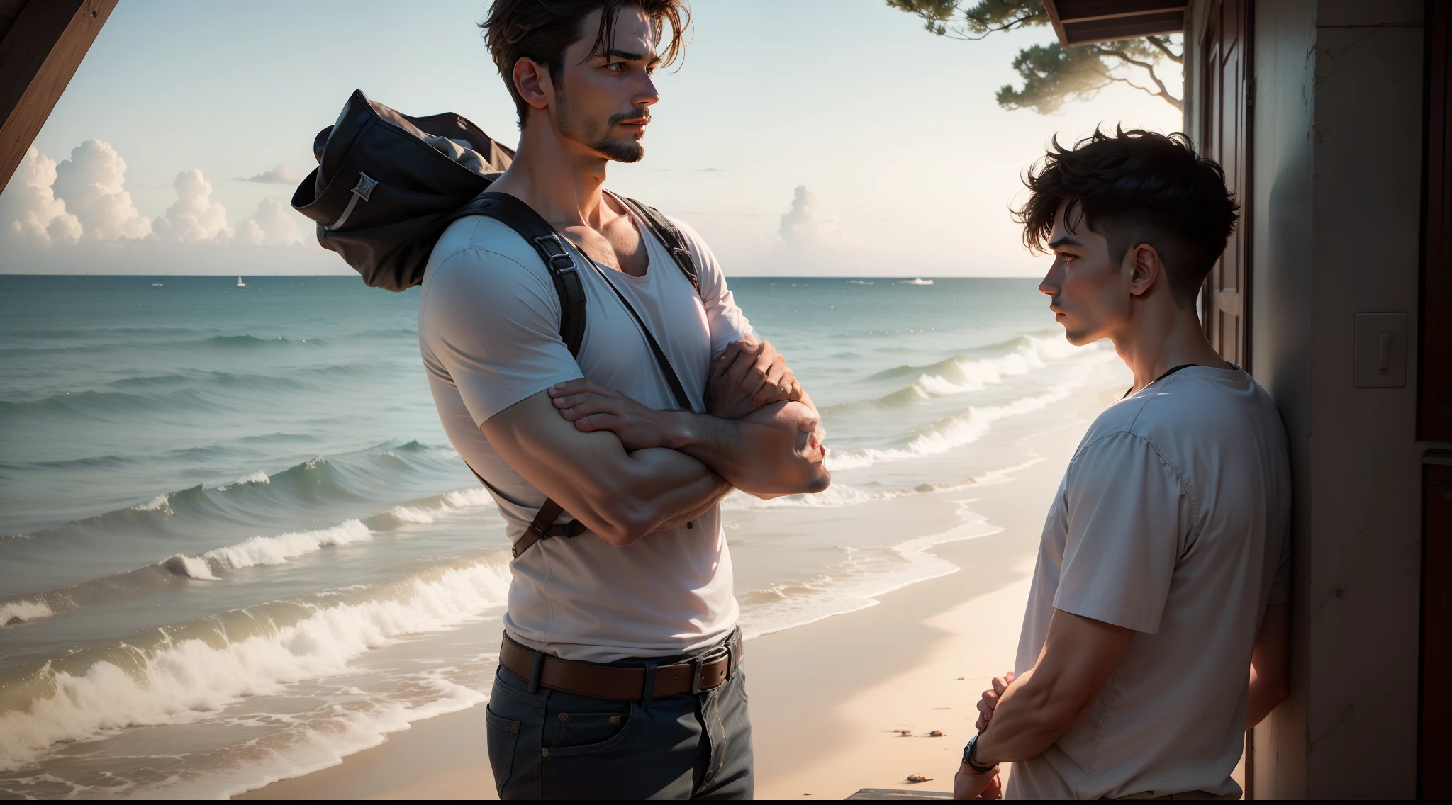 Father and his 17 years son looking at the horizon