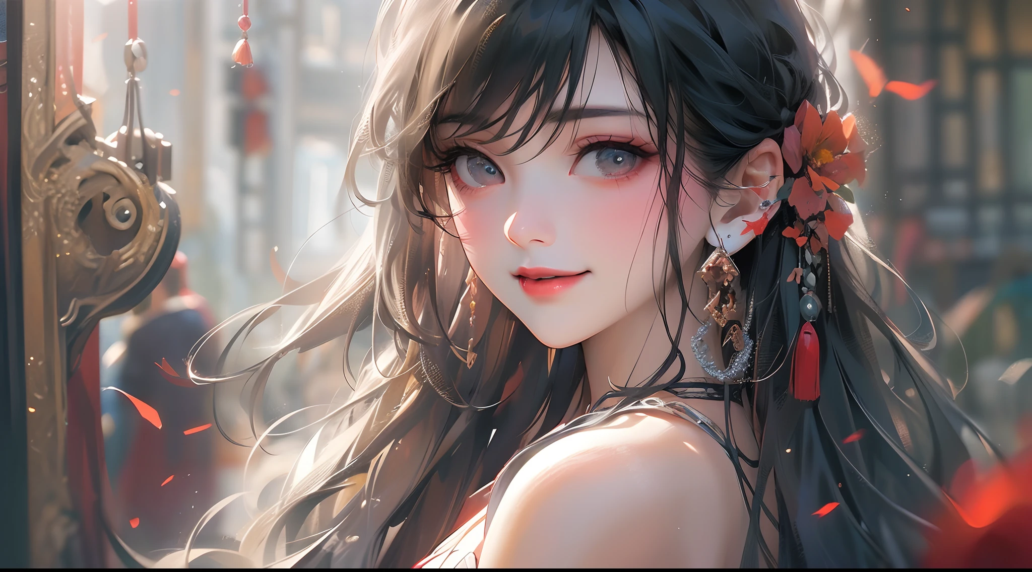 Masterpiece, Best quality,Chinese style 1 girl, jewelry, Solo, Earrings, necklace, Smile, Black hair, Breasts, cleavage, view the viewer, White background, Machine shows long hair,, Black eyes, Medium breasts, Chinese clothes, Lips Close-up of upper body,cabelos preto e longos,Wearing a black cheongsam with a translucent openwork pattern,Rainy city street background,misterious,Ancient street background,Perfect light, (8K, RAW photo, Best quality, Masterpiece:1.2), (Realistic, photo-realistic:1.4), (Extremely detailed CG unified 8K wallpapers),