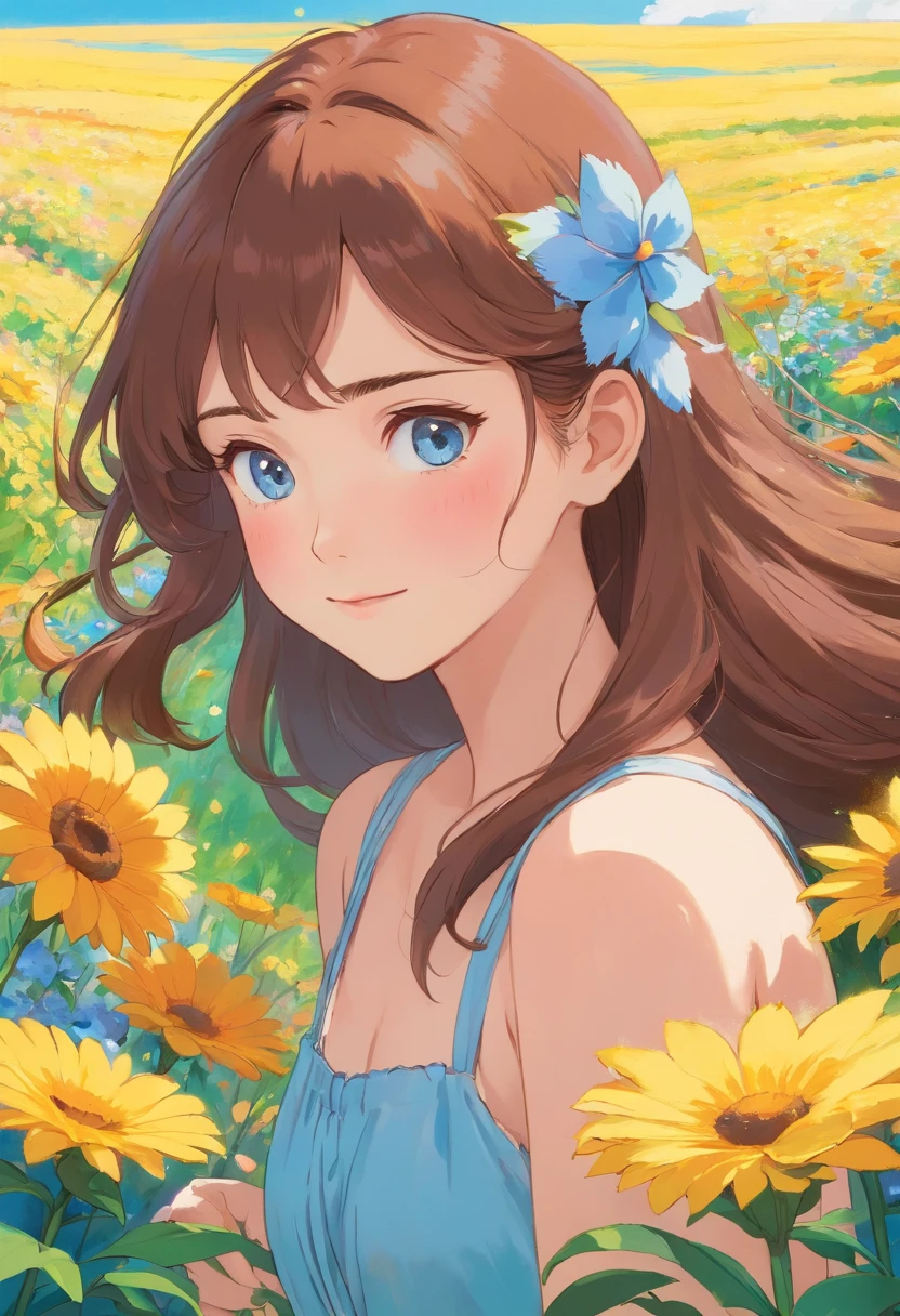 Imagine a young woman standing amidst a vibrant field of flowers. Her wavy, chestnut brown hair cascades down her shoulders, gently swaying with the breeze. Her face is adorned with delicate features, highlighted by sparkling, deep blue eyes that shimmer with a touch of mystery. A genuine smile graces her lips, exuding a sense of joy and radiance. The warm sunlight bathes her face, accentuating her natural beauty and creating an atmosphere of freshness and serenity. Her attire consists of a flowing, pastel blue dress, harmonizing beautifully with the colors of the blooming flowers surrounding her. As she stands there, she seems to embody grace and tranquility, as if she is in perfect harmony with nature and the world around her.