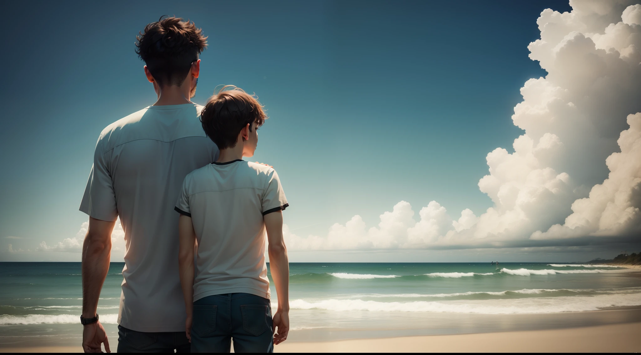Father and his 17 years son looking at the horizon
