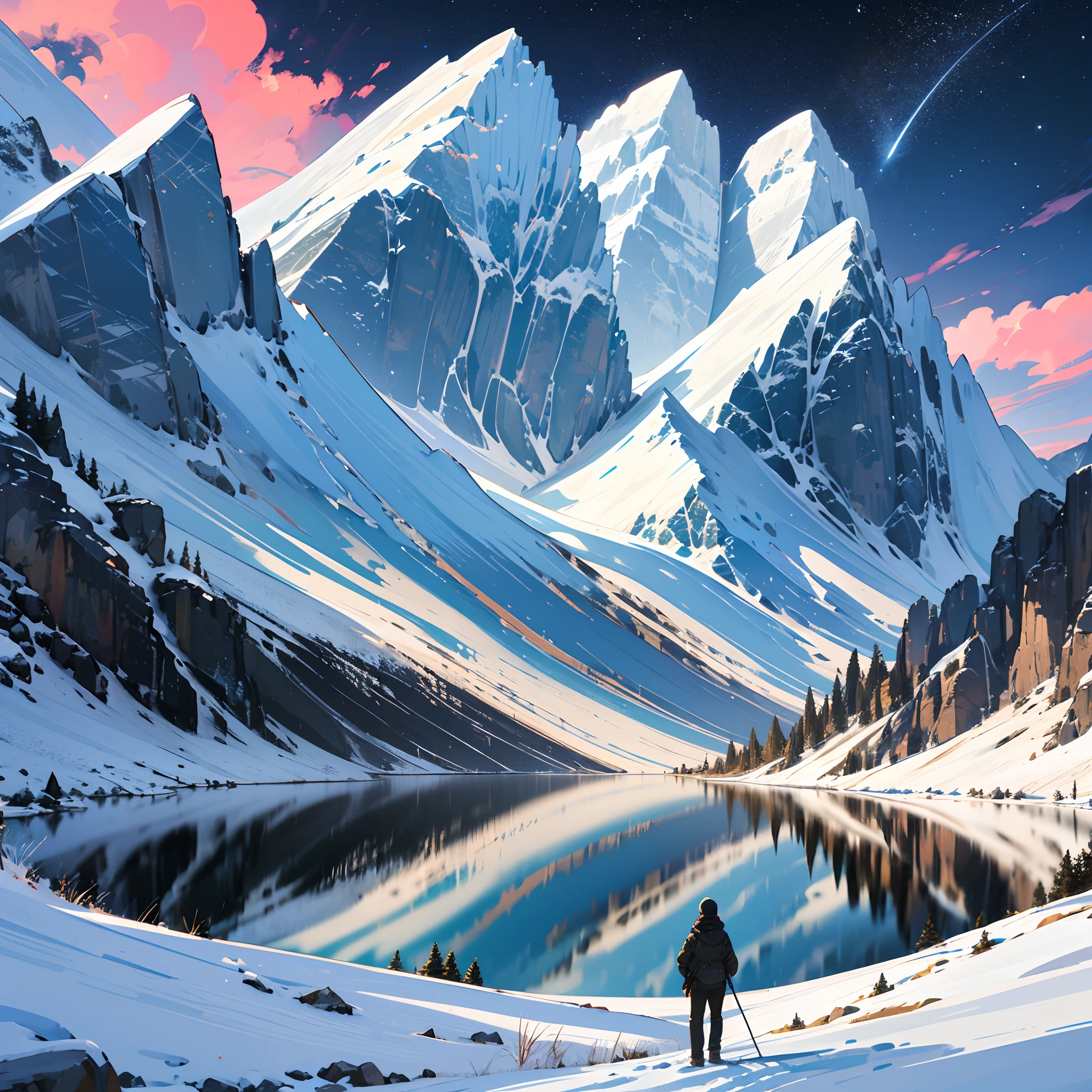a man inside a landscape with mountains and a lake” -> This is a more descriptive prompt that will give the AI some guidance on what elements to include in the image. However, you can still make it more interesting by adding some adjectives, emotions, or themes to the prompt. For example, “a serene landscape with snow-capped mountains and a calm lake reflecting the stars”. --auto --s2