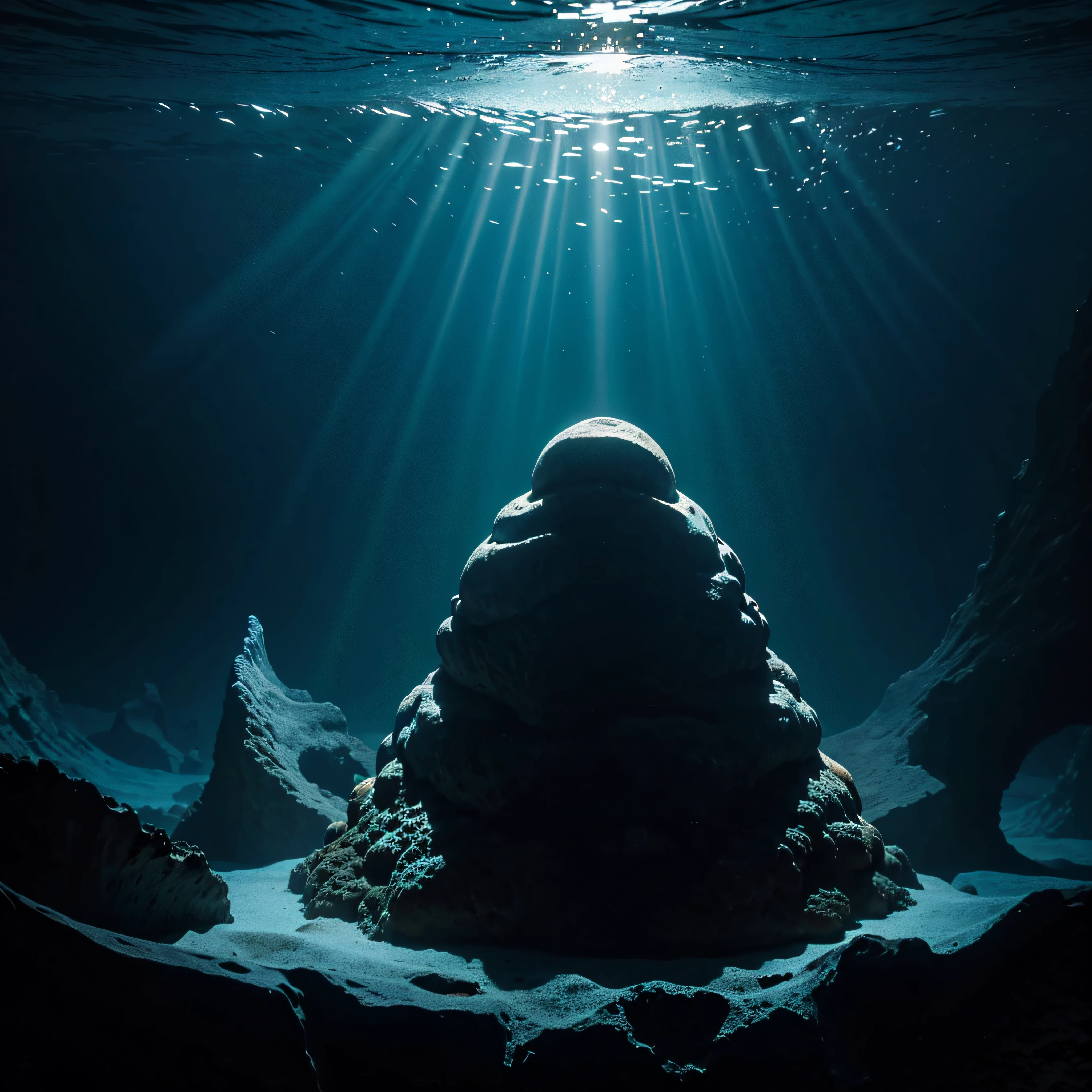 (extremadamente detallado, obra maestra, La mejor calidad, Under the Ocean), Estilo oscuro, volumetric illumination. textura de babosa, piel de caracol. ahogados flotando de fondo. Rococo composition.