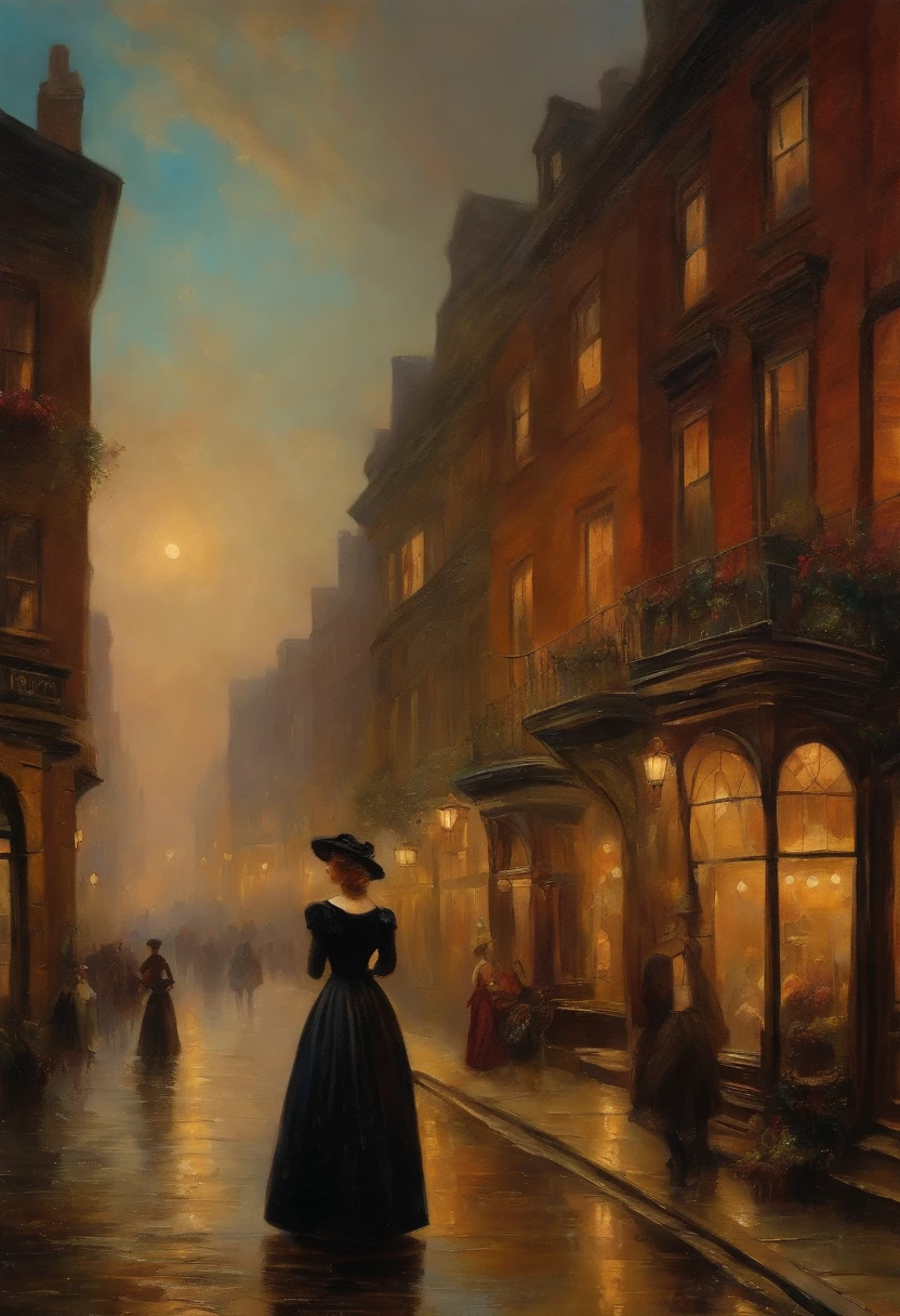 1900's cityscape in turner style ,victorian painting , beautiful girl