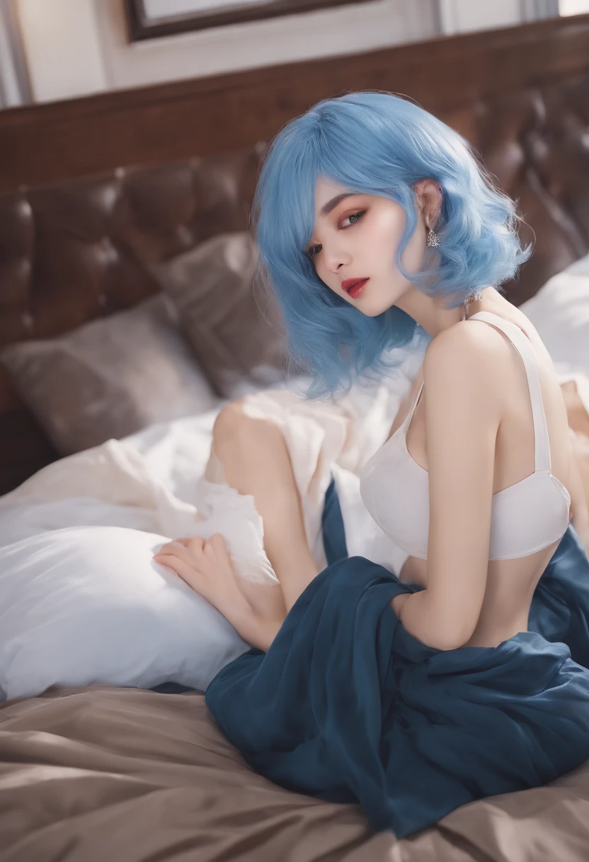 blue hairs、Short Bob、boyish、lying on one's side on bed、barechested、Having sex、tall、Very big、erotick、sperm 1Woman of Man