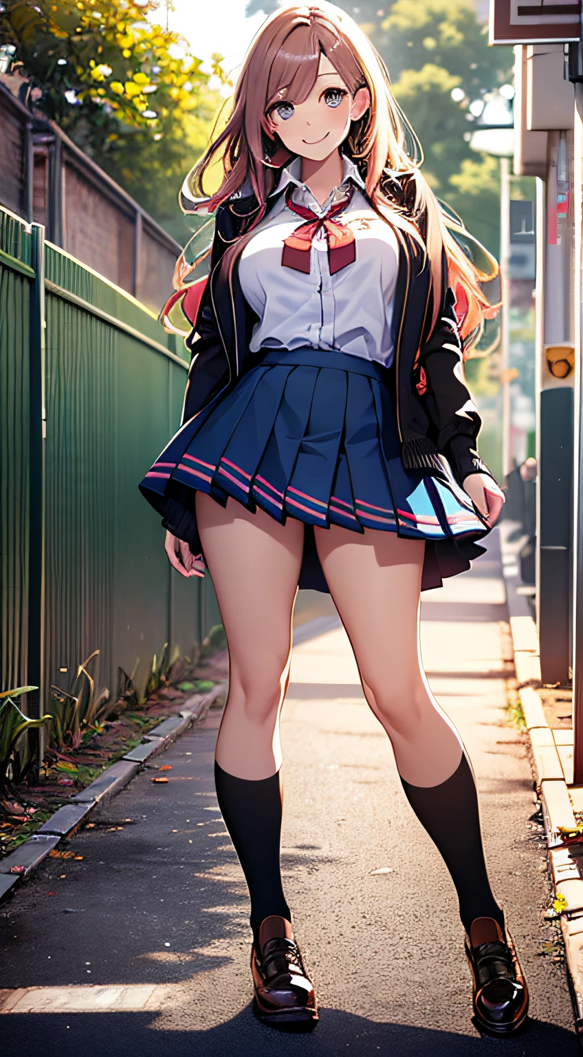 (best quality, realistic), (portrait), (vibrant colors), (soft lighting), pleated skirt, white shirt, knee-high socks, mary jane shoes, big anime eyes, rosy cheeks, long flowing hair, bright smile, confident pose, school campus background