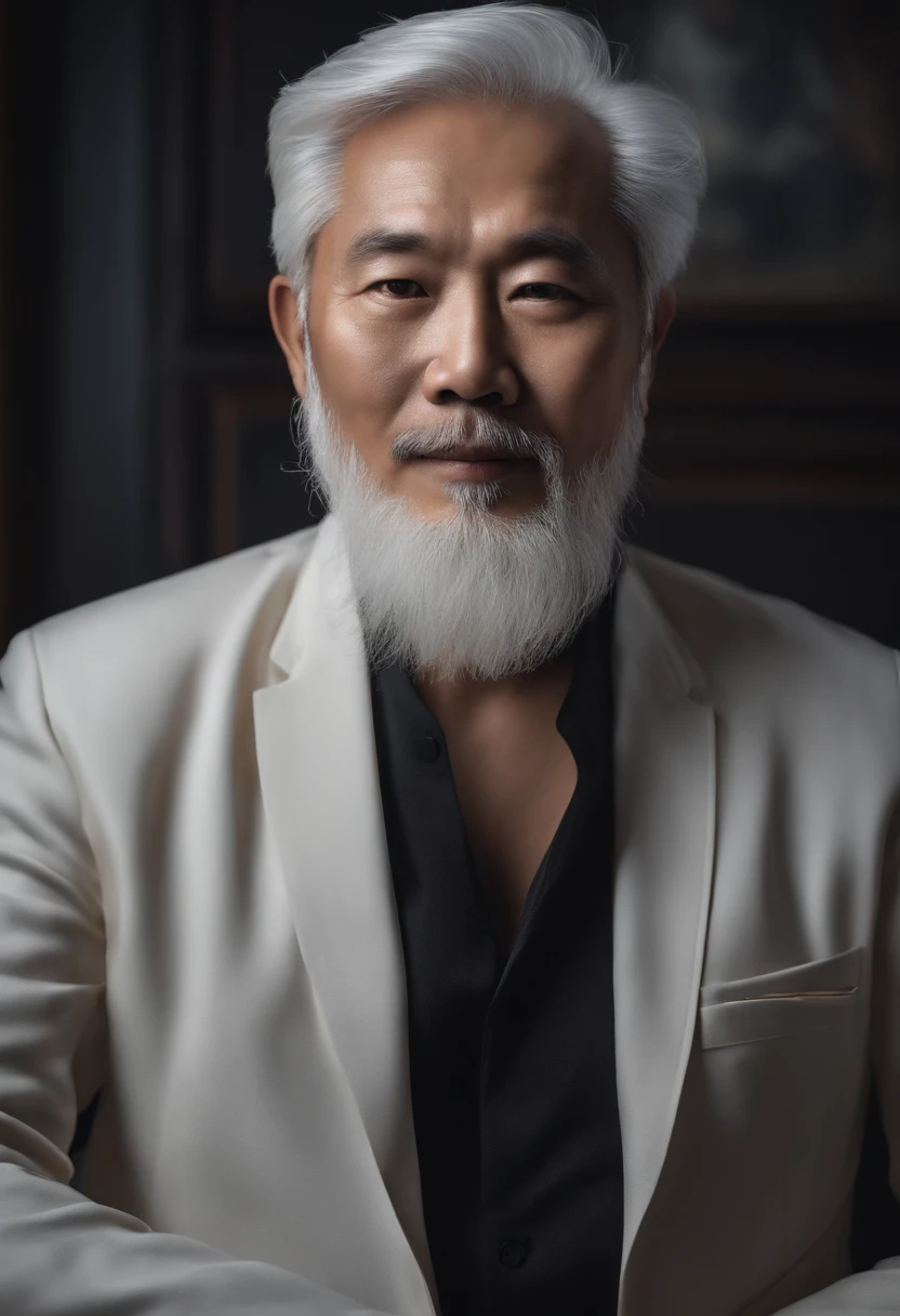 1man，A 50-year-old Chinese male，Wears a long-sleeved black shirt，White hair，erudite，Scholar，Upper body，frontage，face to the viewer，gentlesoftlighting，tmasterpiece，best qualtiy，8K  UHD，digital SLR camera，filmgrain，Midjourney and greg rutkowski's Fujifilm XT3 realistic painting art