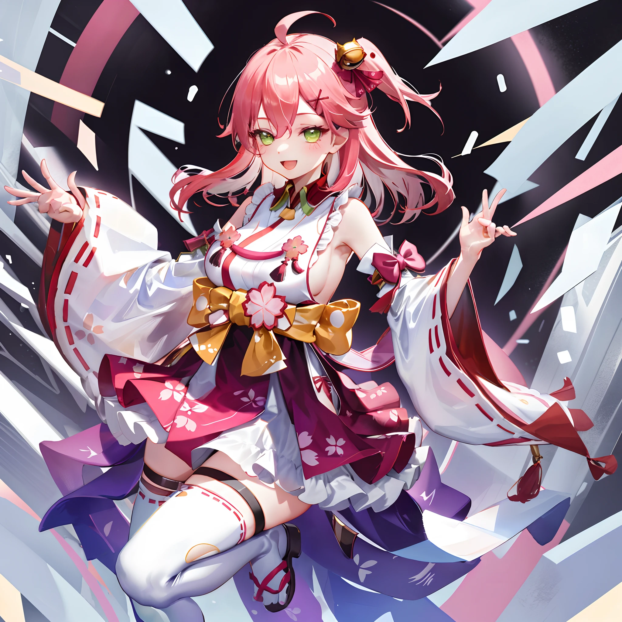 masterpiece, best quality, highres, miko1, sakura_miko, 1girl, green eyes, solo, ahoge, x_hair_ornament, pink_hair, floral print, hairclip, (sideboob:1.4), hair_bell, floral print, long_hair, hair between eyes, one side up, white thighhighs, asymmetrical legwear, wide sleeves, open_mouth,happy,close_eyes, smile,dynamic_posing,rising_leg,plump,apart_legs,