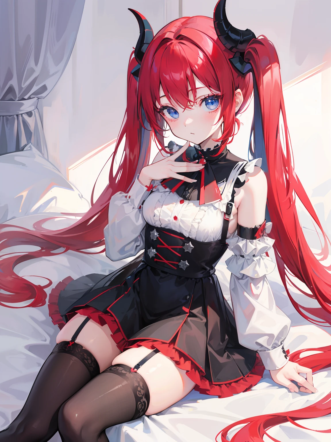 red hair,blue eyes,twintails, long hair, solo, loli, black stockings,{{best quality}}, {{masterpiece}}, {{ultra-detailed}}, {illustration}, {detailed light}, {an extremely delicate and beautiful},,cute,Succubus, demon,horns