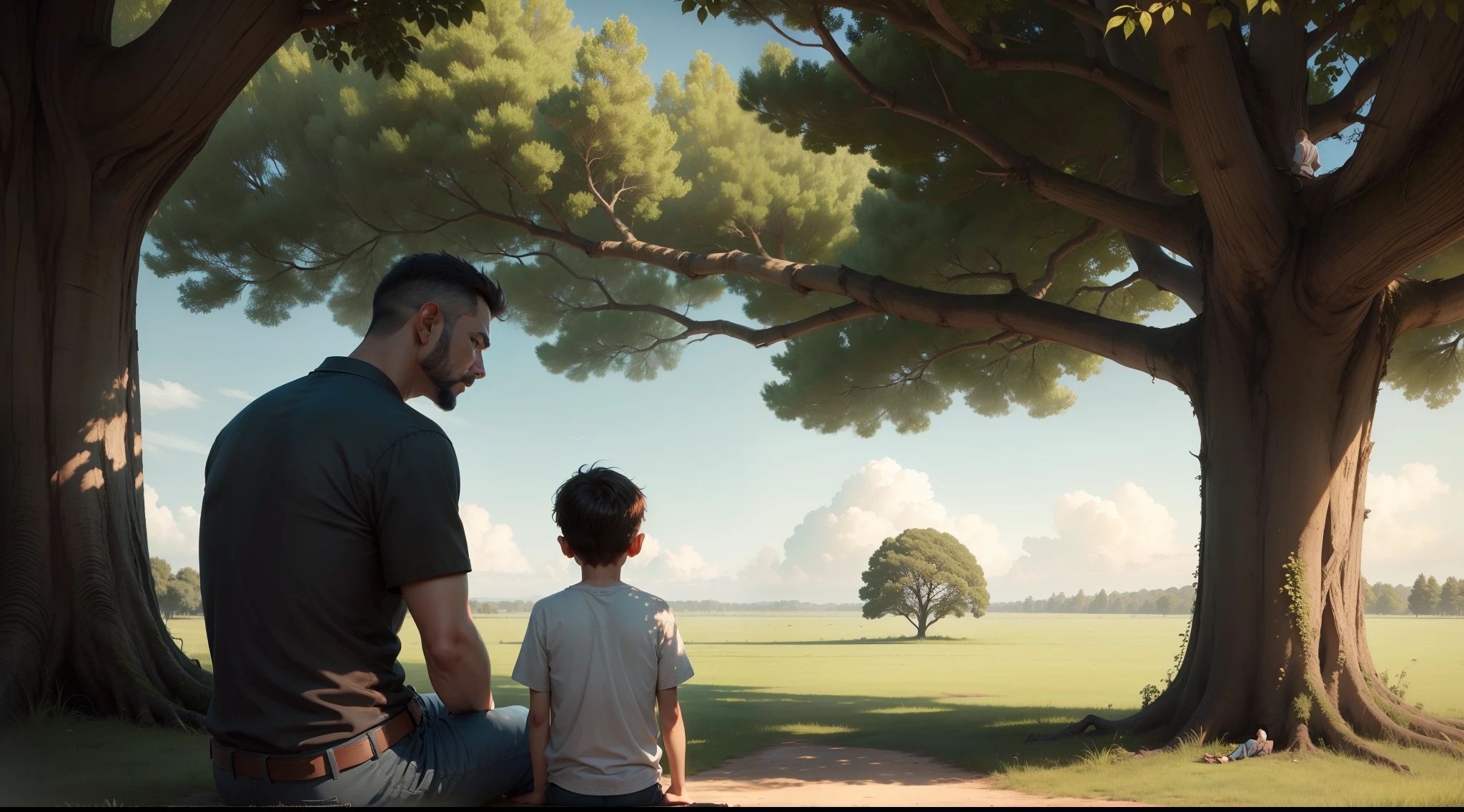 Father and his 18 years son looking at the horizon under old tree with nature