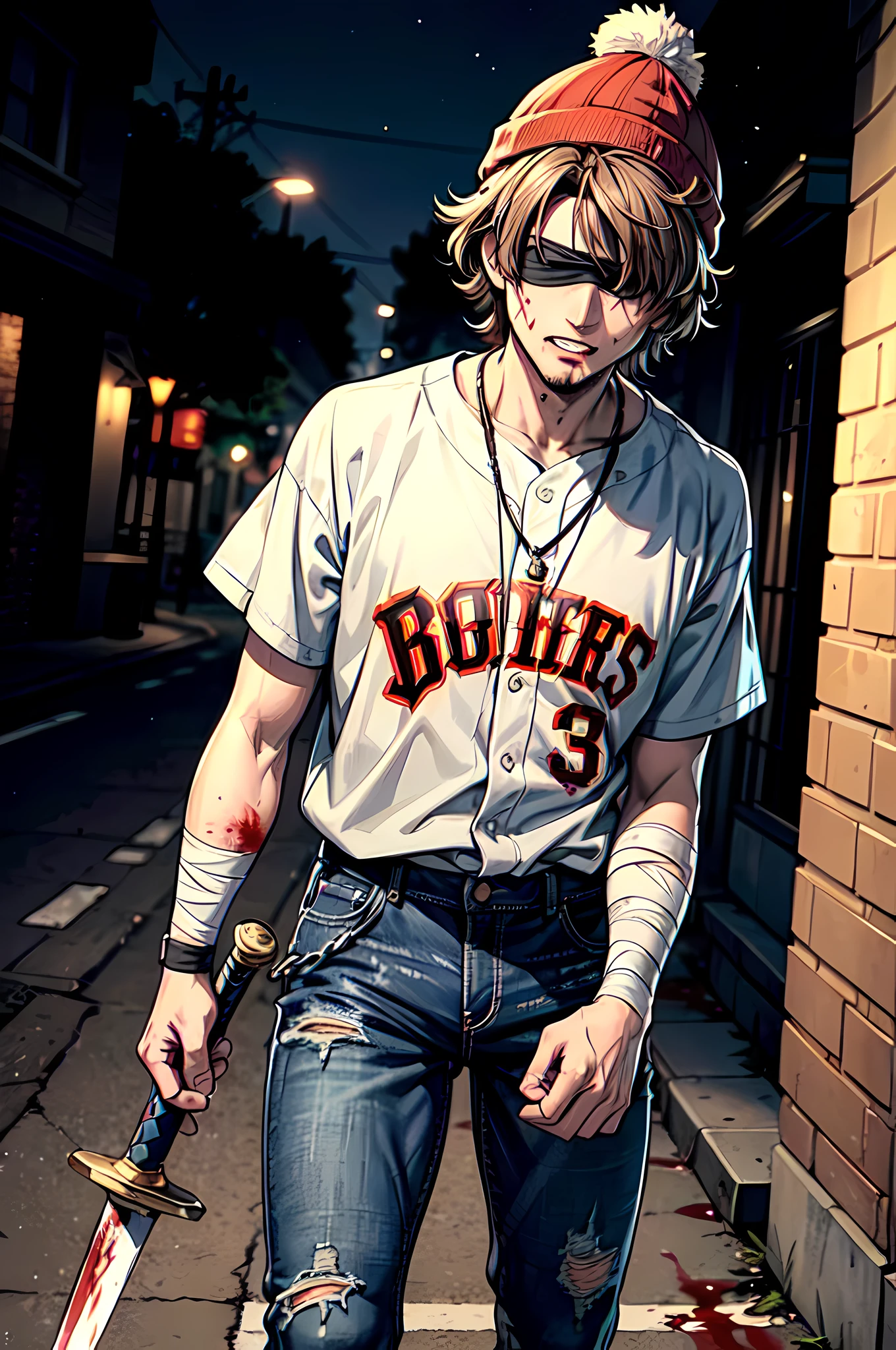 best quality,masterpiece,original,extremely detailed wallpaper,looking at viewer,1boy,solo,male,male focus,brown hair,messy hair,short hair,black jeans,cat beanie,blindfold,standing,clenched_teeth,chain necklace,baseball jersey,(blood on bandaged_arm),street, big sword, night,