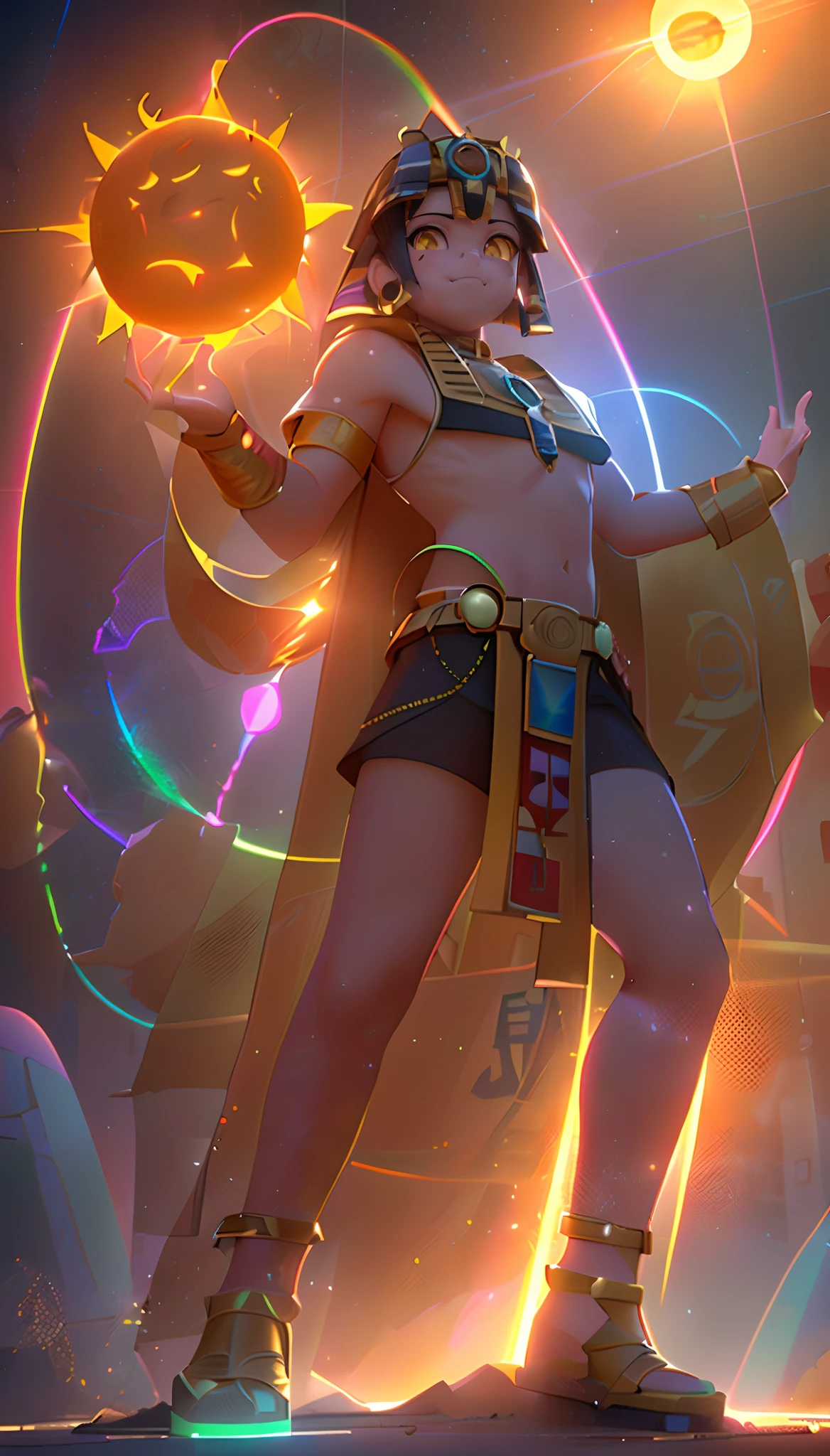 (Dynamic Angle:1.4), ((Full body posing:1.5), (Colorful:1.2), (Highly detailed CG Unity 16K wallpaper:1.1), (Denoising strength: 1.45), (tmasterpiece:1.37), ((Official art)), of the highest quality, (Realistic), (Male child:1.5), (Short-cut hair:1.2),(Costume of Sun God Ra:1.5),Golden hair,Glowing eyes,(yellow eyes:1.2),((Poses in motion:1.4)),((Costume of Sun God Ra:1.3)),wires, (LED:1.3), (a hologram:1.2),(The sun overhead:1.3), Streets of Egypt, (Night:1.2), (Rainbow Model:1.2), 8K resolution, (Anime style:1.3), Cinematic lighting, chromatic abberation, spark of light, Ray tracing, blending, ultra wide-angle, Hasselblad, (masutepiece), (masutepiece), ((Best Quality)), ((masutepiece)), nffsw
