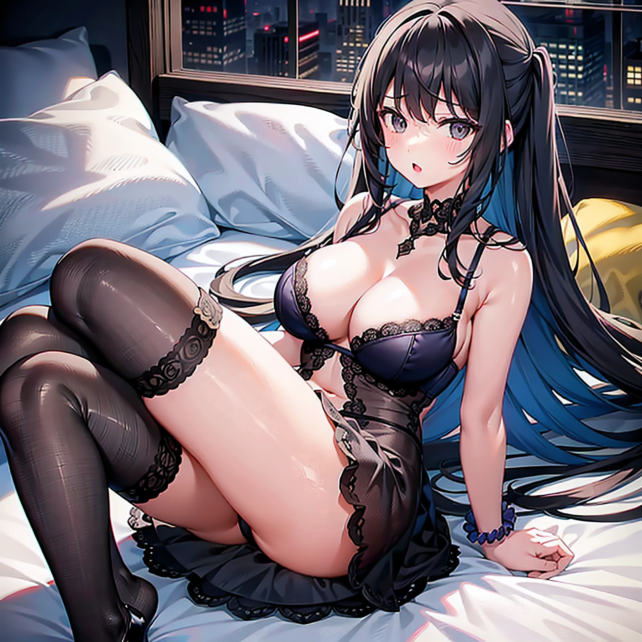 1girll,Childlike big breasts,(nedium breasts:heads=3:1)Lace lingerie big breasts,Lie down in bed,bit girl,Lori huge breasts cleavage,A coquettish expression,Extremely large breasts,Small ,black lence stockings,pyjamas,blacksilk,ankle bracelets