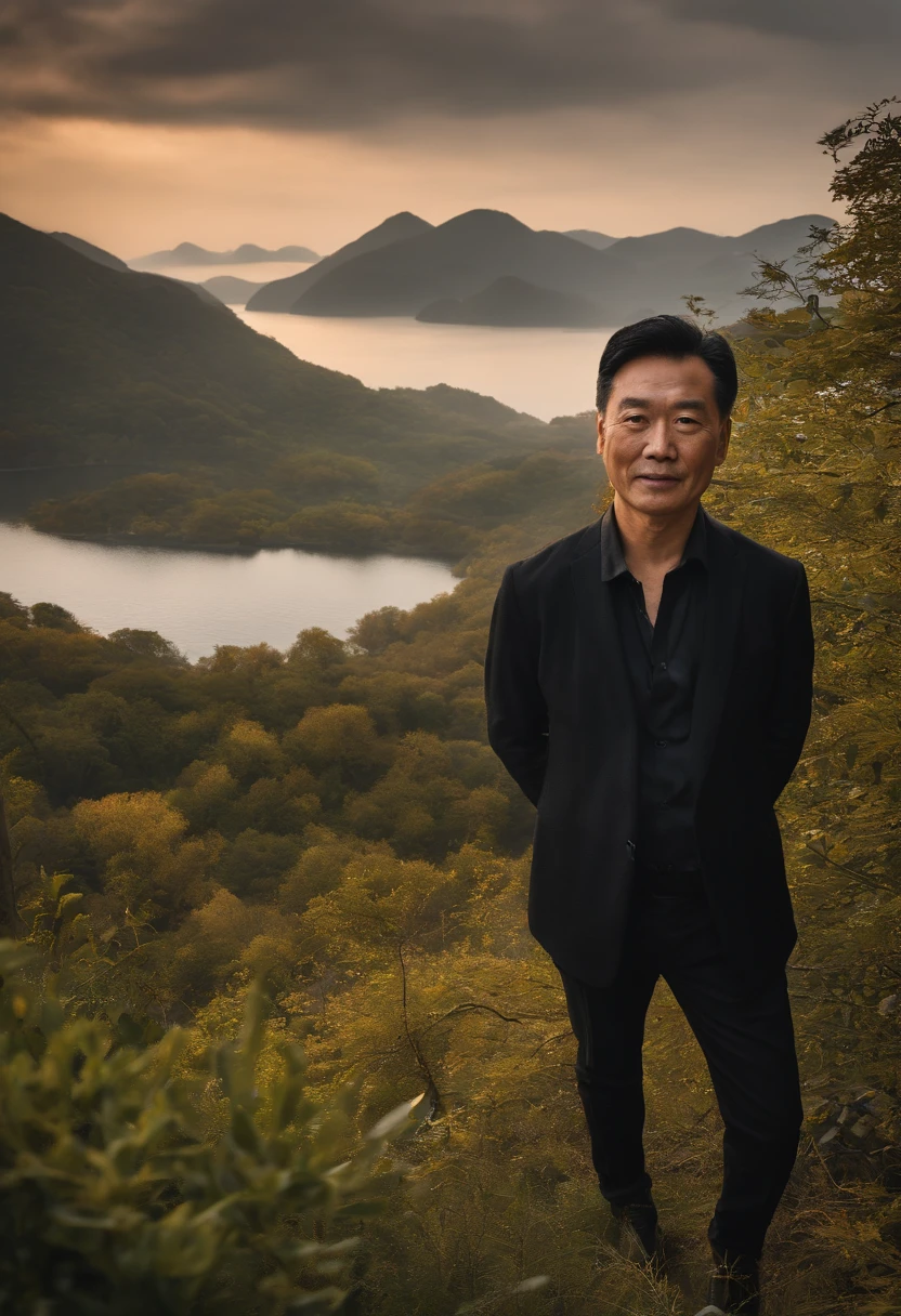 male people,A 50-year-old Chinese male,Wears a long-sleeved black shirt,Black hair,erudite,Scholar,balmy,Upper body,frontage,face to the viewer,gentlesoftlighting,tmasterpiece,best qualtiy,8K UHD,digital SLR camera,filmgrain,Midjourney and greg rutkowski's Fujifilm XT3 realistic painting art
