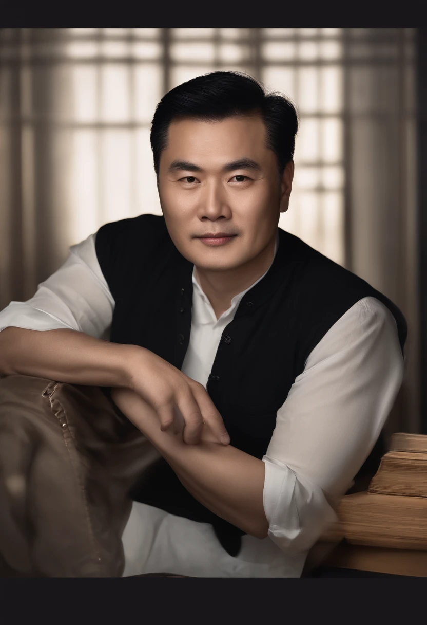 male people，A 50-year-old Chinese male，Wears a long-sleeved black shirt，Black hair，erudite，Scholar，balmy，Upper body，frontage，face to the viewer，gentlesoftlighting，tmasterpiece，best qualtiy，8K  UHD，digital SLR camera，filmgrain，Midjourney and greg rutkowski's Fujifilm XT3 realistic painting art