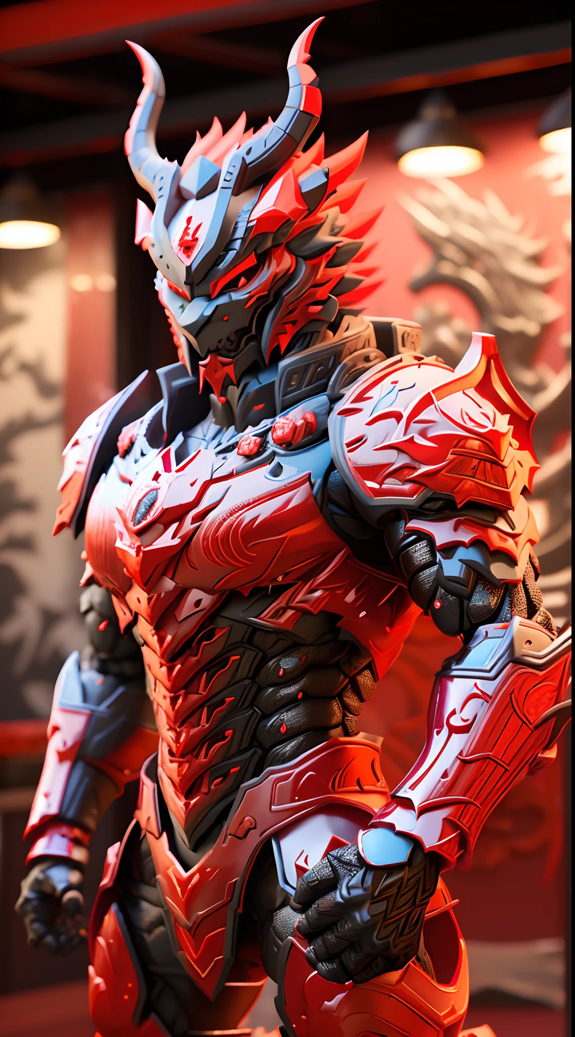 CHINESE DRAGON, (Red, Black:1.5), DRAGON HEAD, HEAVY CRYSTAL ARMOR, TRANSPARANT, MUSCLE BODY.
