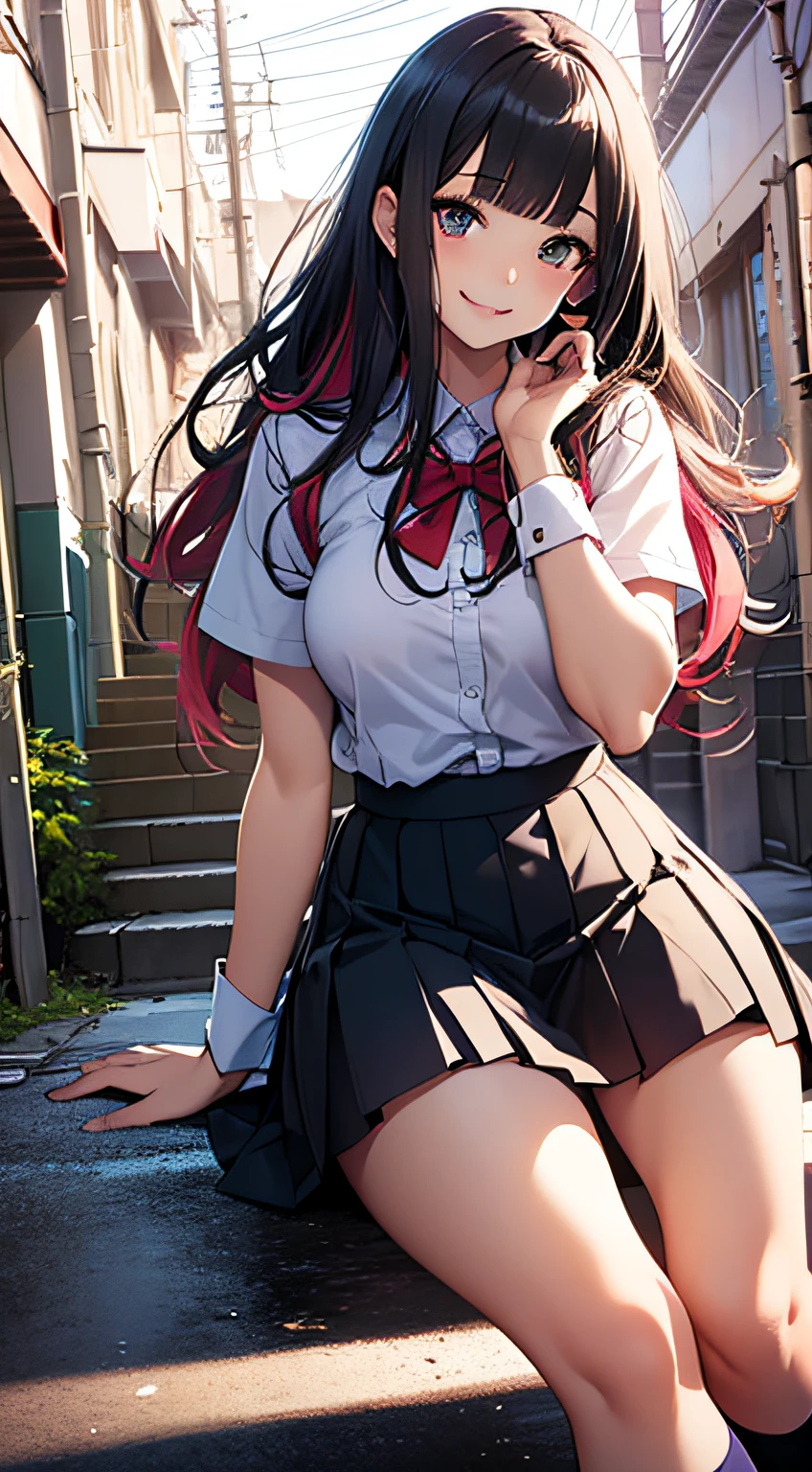 (best quality, realistic), (portrait), (vibrant colors), (soft lighting), pleated skirt, white shirt, knee-high socks, mary jane shoes, big anime eyes, rosy cheeks, long flowing hair, bright smile, confident pose, school campus background