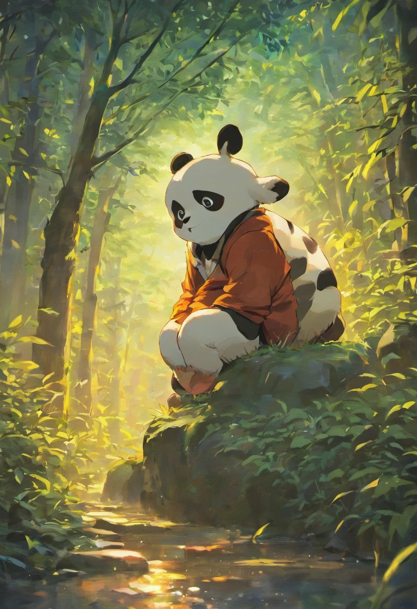 Panda bear sitting on a rock in the middle of a forest - SeaArt AI