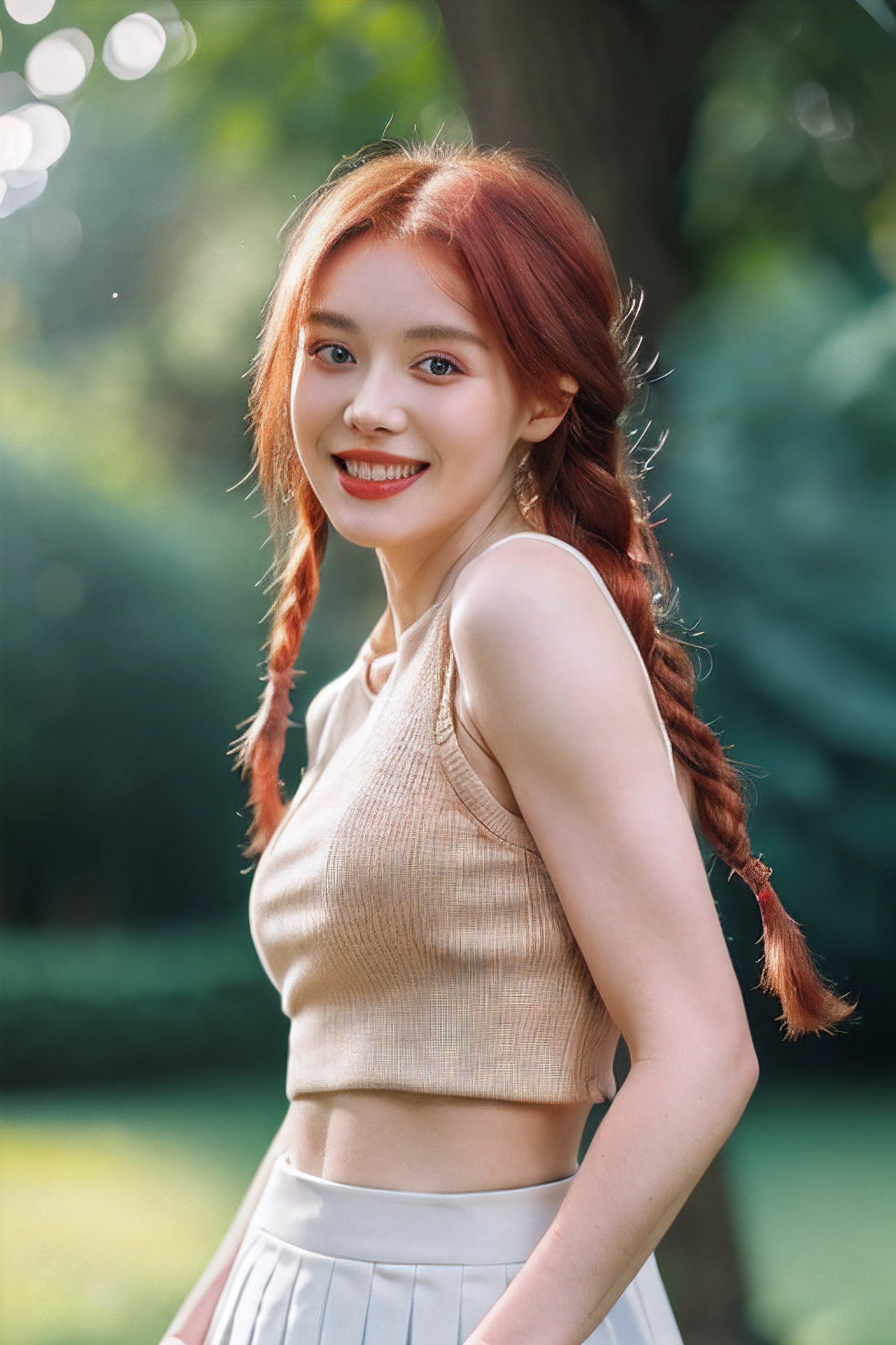 masterpiece, best quality, gorgeous pale american cute girl, smiling, (crop top), red hair loose braided hair, short polca skirt, lean against a tree, ((extreme skin detail)), hdr, ((ultrarealistic)), ((photo)), bokeh, depth of field, 8k uhd, dslr, soft lighting, high quality, Fujifilm XT3