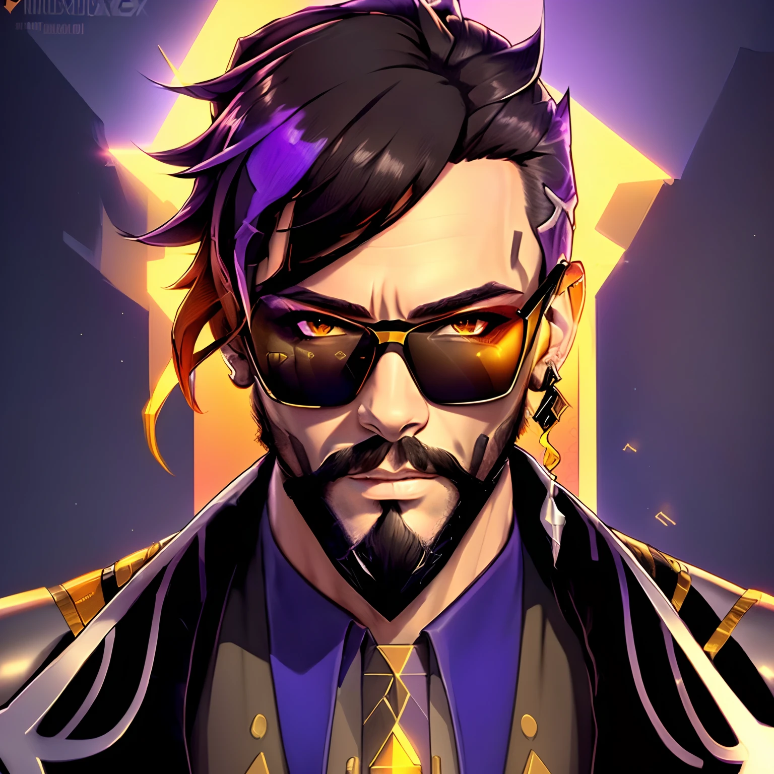 a man with a beard and sunglasses, cyberpunk art, funk art, stunning gradient colors, stylized portrait h 704, pompadour, twitch streamer, cold colors. insanely detailed, t-800, no watermark signature, in rich color, outrun