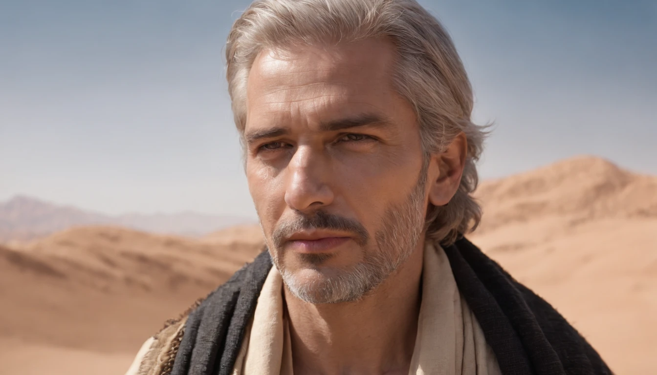 Hooded man standing in desert with heaven in the background, portrait of bedouin d&D, Still from the live-action movie, supervision: by Etienne Delessert, IMAX photography, james gurney and andreas rocha, 2020 Dune Movie, medium shot of two characters, Danube, Sony Photos, 4K still images, Video images of biblical prophets, He looked up to heaven,、I cry out to God to make him listen, Warm earthy tones, And deep shadows, It is a sensible expression, - V5 - Stylize 1000, The prophet of the Bible cries out to God for the lives of his people, masterpiece, intricate detailes, cinematic, Biblical prophets look up to heaven, Beautiful blue sky with one cloud, Located in the Sinai Desert, on a hill, In the background is a desert and a small biblical village, 50-year-old biblical character, in desert: Epic Realistic, Soft Cinematic Portrait, adobe lightroom, photographic lab, ighly detailed, faded, arte De greg Rutkowski e artgerm ,neutral colors: 1,2), (nffsw: 1,4) , (Soft colors:1.2), Hiperde Tarhad, (art stations:1.4), cinematic, warm light, Dramatic light, (intricate detailes:1.1), the complex background, (rutkowski:0.66), (blue and orange:0.4), cinematic, Looking up at the sky in a brown robe, (((perfect eyes, expresive))), 8K, look up to, Still blue sky, ((the perfect appearance, expresive))), (((Only one man))), ((short gray beard and short gray hair,)), look up sky, (((perfect eyes)) Spectacular images, movie, Cinematic 8K, Half-body image, American Plan, He is alone、His eyes are staring at the blue sky with clouds, (((A detailed eye, Very sharp, expresive))) ((has a short beard and short gray hair)), 8K, cinematic, masterpiece, (((ember))), ((((Alone in the desert)))), Perfect and expressive eyes, It's just a guy and、It's one person,