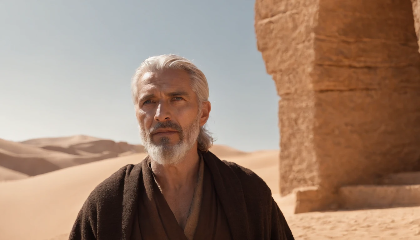 Hooded man standing in desert with heaven in the background, portrait of bedouin d&D, Still from the live-action movie, supervision: by Etienne Delessert, IMAX photography, james gurney and andreas rocha, 2020 Dune Movie, medium shot of two characters, Danube, Sony Photos, 4K still images, Video images of biblical prophets, He looked up to heaven,、I cry out to God to make him listen, Warm earthy tones, And deep shadows, It is a sensible expression, - V5 - Stylize 1000, The prophet of the Bible cries out to God for the lives of his people, masterpiece, intricate detailes, cinematic, Biblical prophets look up to heaven, Beautiful blue sky with one cloud, Located in the Sinai Desert, on a hill, In the background is a desert and a small biblical village, 50-year-old biblical character, in desert: Epic Realistic, Soft Cinematic Portrait, adobe lightroom, photographic lab, ighly detailed, faded, arte De greg Rutkowski e artgerm ,neutral colors: 1,2), (nffsw: 1,4) , (Soft colors:1.2), Hiperde Tarhad, (art stations:1.4), cinematic, warm light, Dramatic light, (intricate detailes:1.1), the complex background, (rutkowski:0.66), (blue and orange:0.4), cinematic, Looking up at the sky in a brown robe, (((perfect eyes, expresive))), 8K, look up to, Still blue sky, ((the perfect appearance, expresive))), (((Only one man))), ((short gray beard and short gray hair,)), look up sky, (((perfect eyes)) Spectacular images, movie, Cinematic 8K, Half-body image, American Plan, He is alone、His eyes are staring at the blue sky with clouds, (((A detailed eye, Very sharp, expresive))) ((has a short beard and short gray hair)), 8K, cinematic, masterpiece, (((ember))), ((((Alone in the desert)))), Perfect and expressive eyes, It's just a guy and、It's one person,