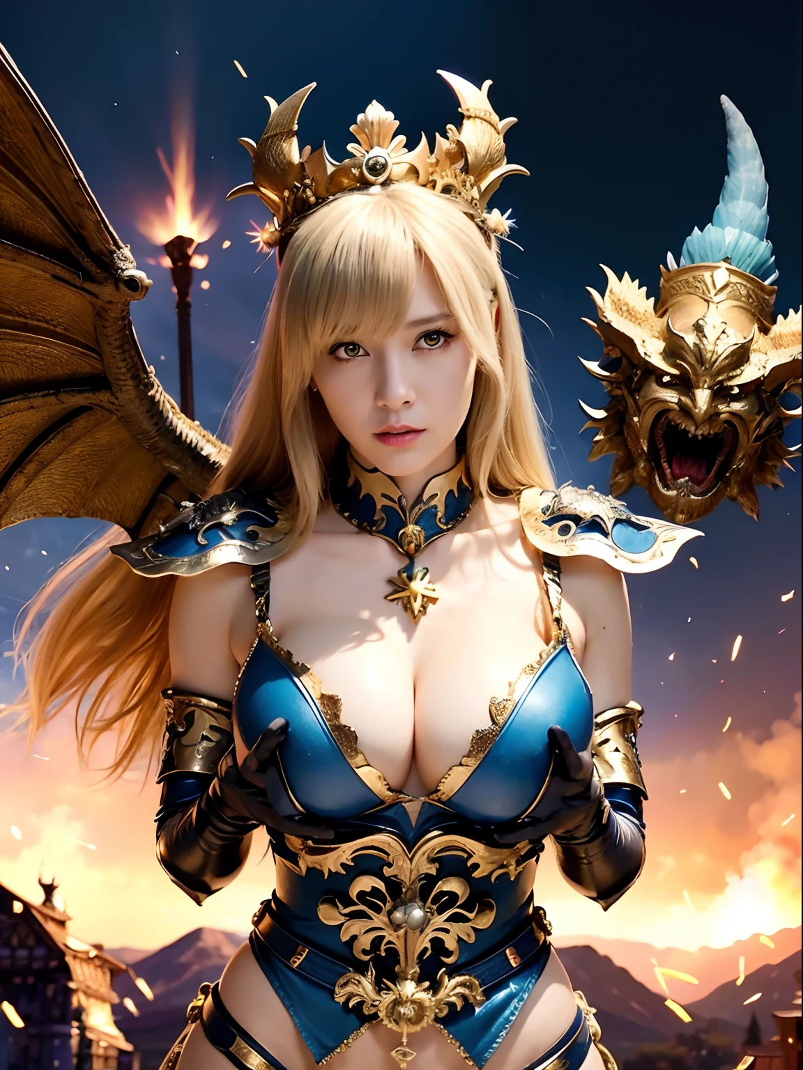 （Hold your weapon）,Professional , ​masterpiece、top-quality、photos realistic  、（Dragon Black Metal Body:1.９),(Matte Blue Silver、(Night World)、（cleavage of the breast）、Dragon Gold Weapon、（Micro Bikini Armor:1.４),Mystical expression、Gorgeous gold weapons ,（Fight dragons）、Seductive look、（（ Dragon's dense and gorgeous sword）） , （demonic wings）   ,Detail and gorgeous crown、（（a blond））、（Castle background）、（（Gangle's forest background））、Beautiful Caucasian beauty、１a person、dynamic ungle,(((Detailed and ornate dragon helmet)))、Smaller head、A smile、Castle background、Thin and beautiful female hands、cleavage of the breast、Soldier in iron armor on background、Mystical expression、Light Effects、intense fighting、Wind-effect、magic circles、With the legendary magic wand、Dragon's tail、fight、