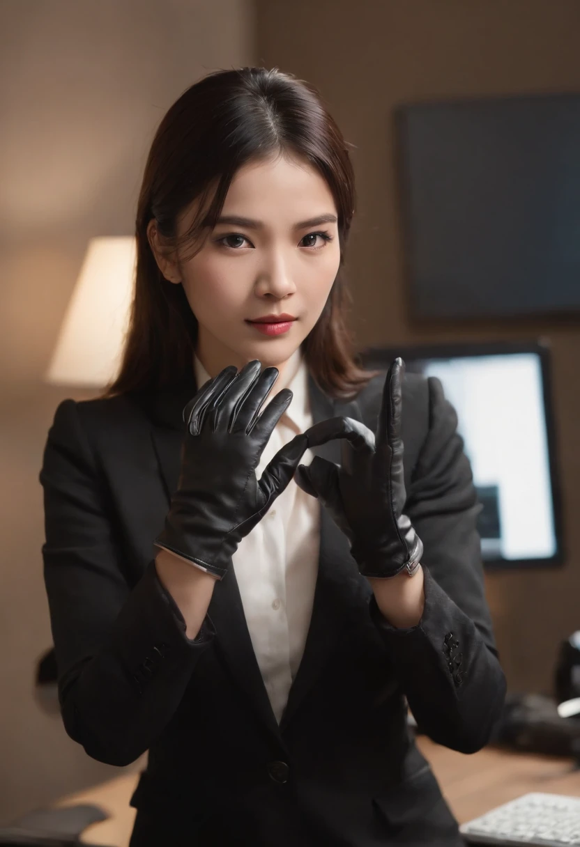 Wearing black leather gloves in both hands, upper body, black business suit, facing the desk in my room with a computer in the dark, tapping the keys of the computer keyboard with the fingertips of black leather gloves while looking at the screen, black hair bundled in the back for a long time, Japanese female new employee (black leather gloves cover both hands) (angle is in the front)