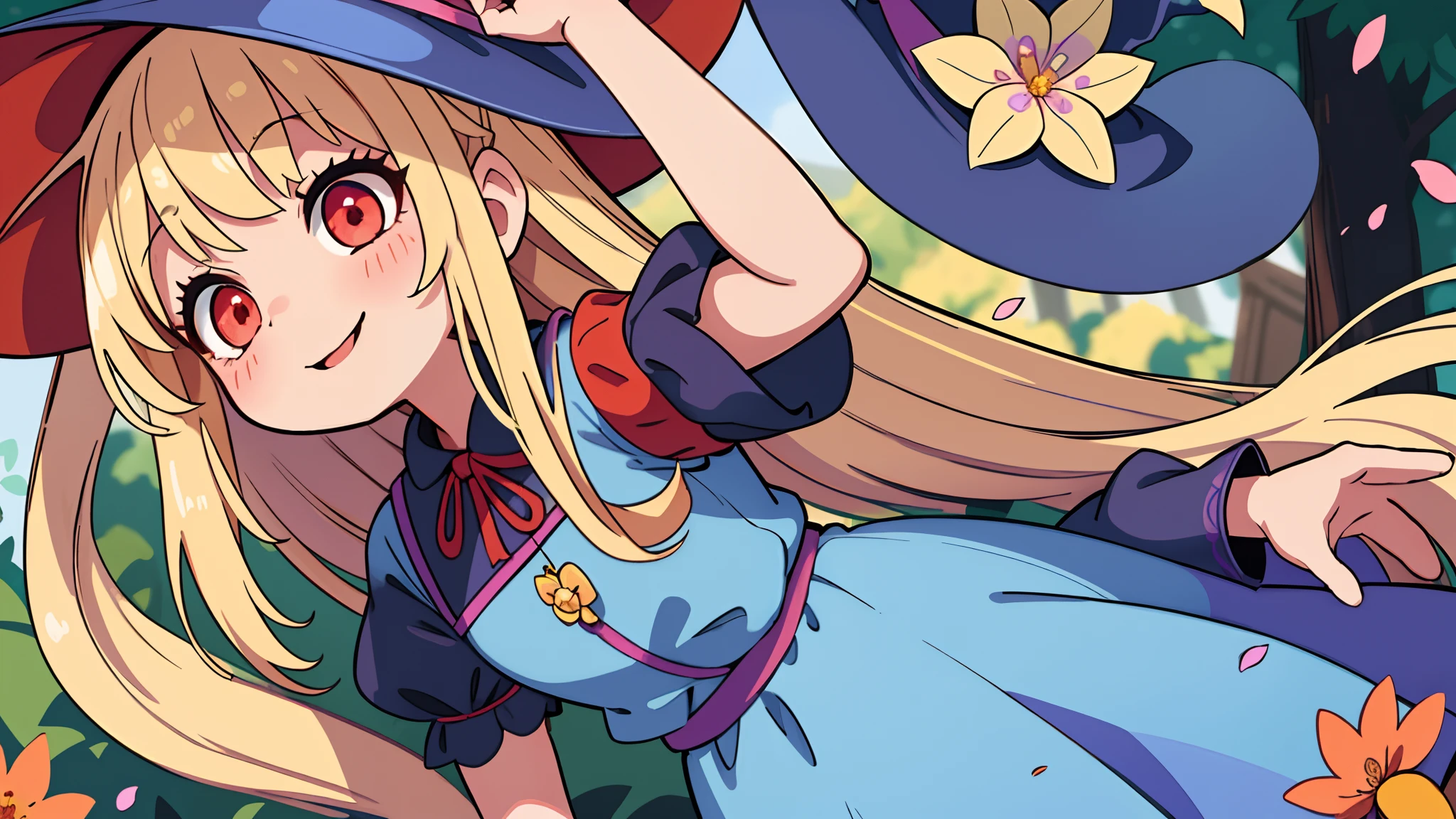 1girl in,Witch,Long hair, Blonde hair, Witch Hat,Red Eyes,Puffy sleeves,Dress, Short sleeves,Smile、Water droplets on the cheeks、pretty pose、up of face、Eye Up、Flowing iridescent silk、There are flowers even in front of you、flower petals、season!!: 夏天☀ 🍂
