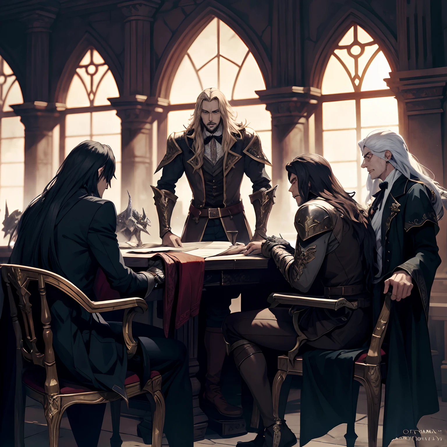 Castlevania Lord of the shadows hyper realistic super detailed Dynamic shot of groupe of lords discussion