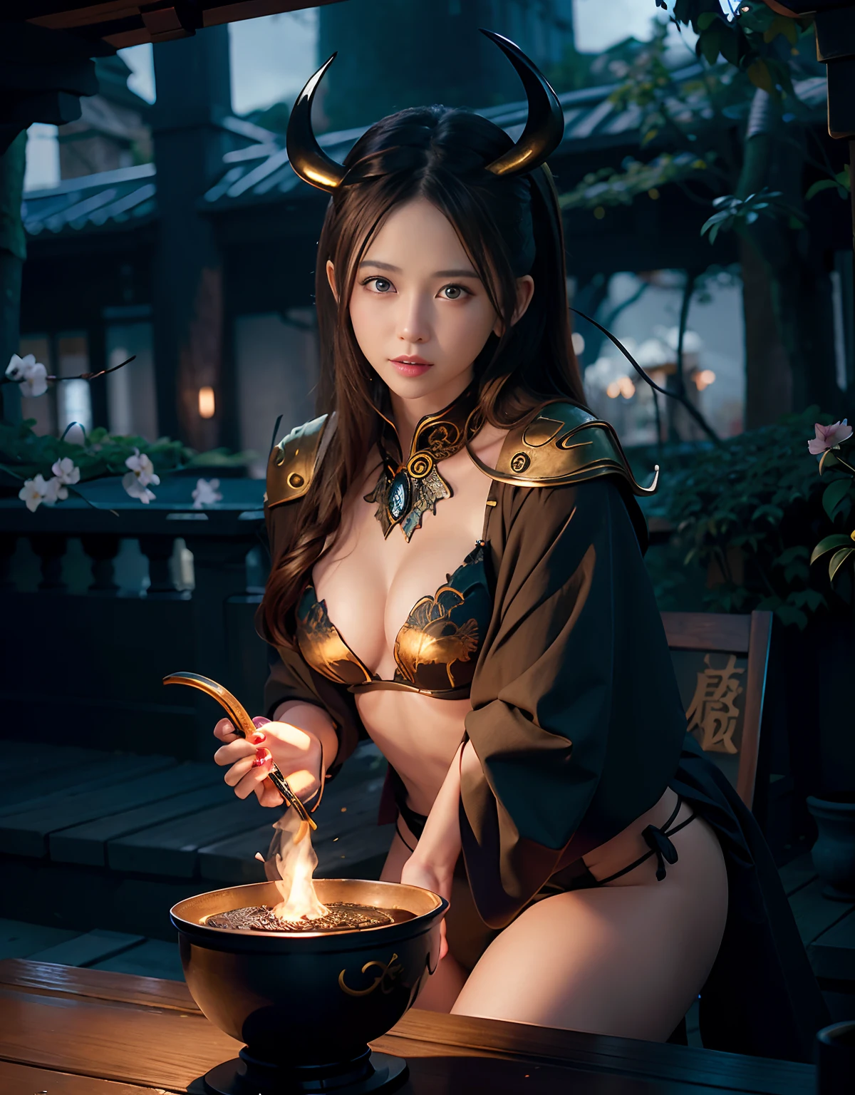 ((World of Darkness)),Professional , masterpiece、top-quality、photos realistic , depth of fields 、(sexypose)、(Background of cherry blossoms in full bloom),(Ultimate Beauty)、A dark-haired、(White bikini armor)、(Kimono with beautiful pattern)、(Night background)、((Wearing a skeleton helmet)),(Wear a beautiful kimono),(Wear a beautiful kimono with colorful floral patterns)、Jewel Gold Weapon、Particles of light),(Has a devil's mask)、Gorgeous gold weapons ,Skeleton population、(( Gorgeous Dragon Sword)) , (a dark night),,(maikurobikini) 、((Black Haired Beautiful Girl))、(Castle background)、(demonic wings)、((Gangle's forest background))、Beautiful Caucasian beauty、1a person、dynamic ungle,(((Two devil's horns on the head)))、Smaller head、Idle Smile、Thin and beautiful female hands、Mystical expression、Light Effects、intense fighting、Wind-effect、magic circles、With the legendary magic wand、Dragon's tail、
