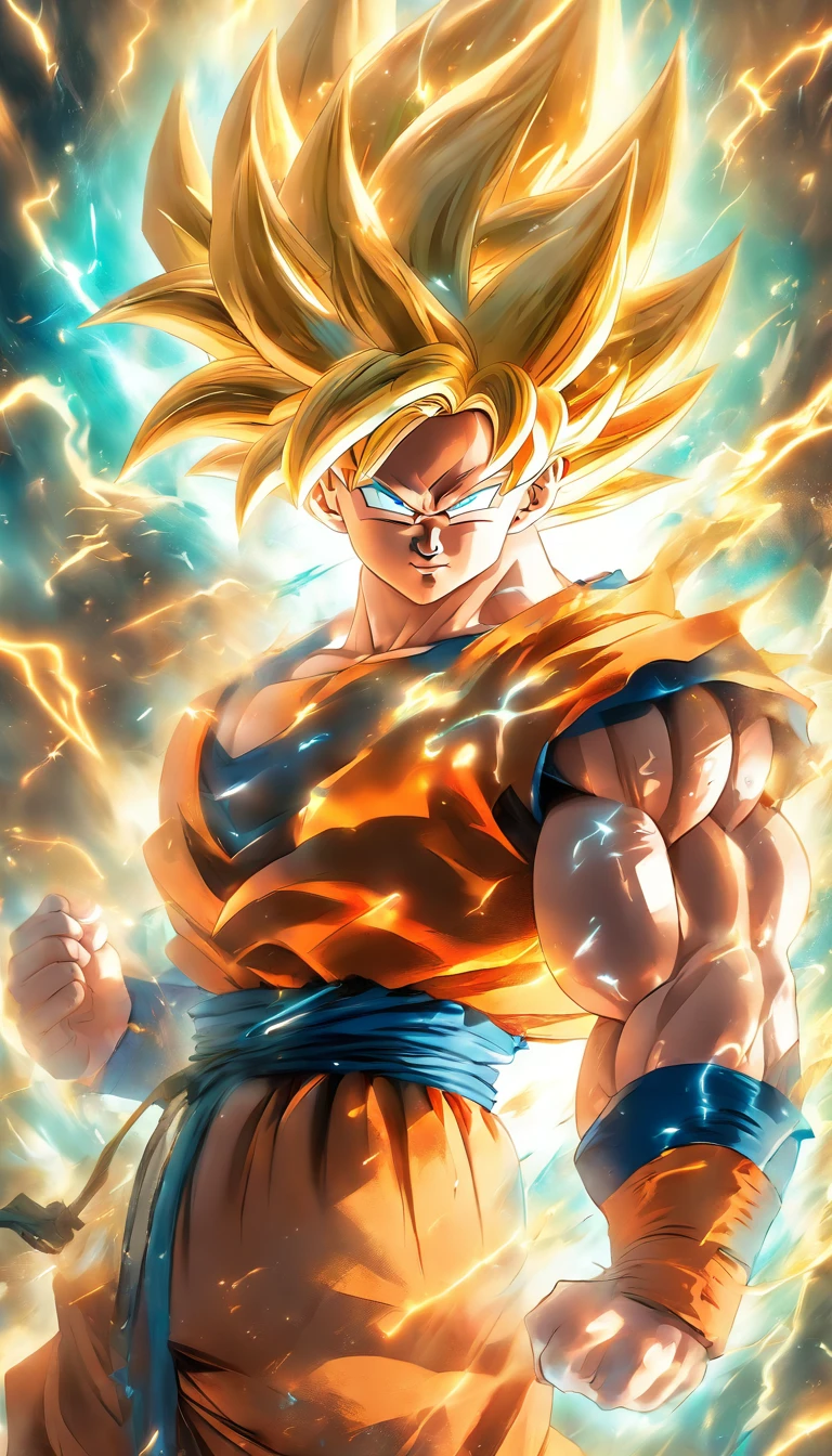 Action-filled depiction of Goku in Super Saiyan mode from Dragon Ball, with bright, explosive background effects, rendered in the style of Rossdraws and Stanley Artgerm Lau.