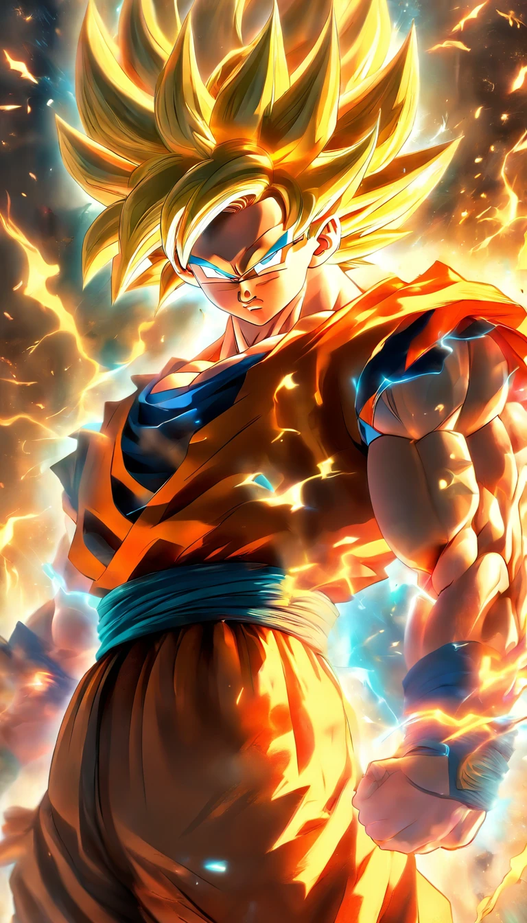 Action-filled depiction of Goku in Super Saiyan mode from Dragon Ball, with bright, explosive background effects, rendered in the style of Rossdraws and Stanley Artgerm Lau.