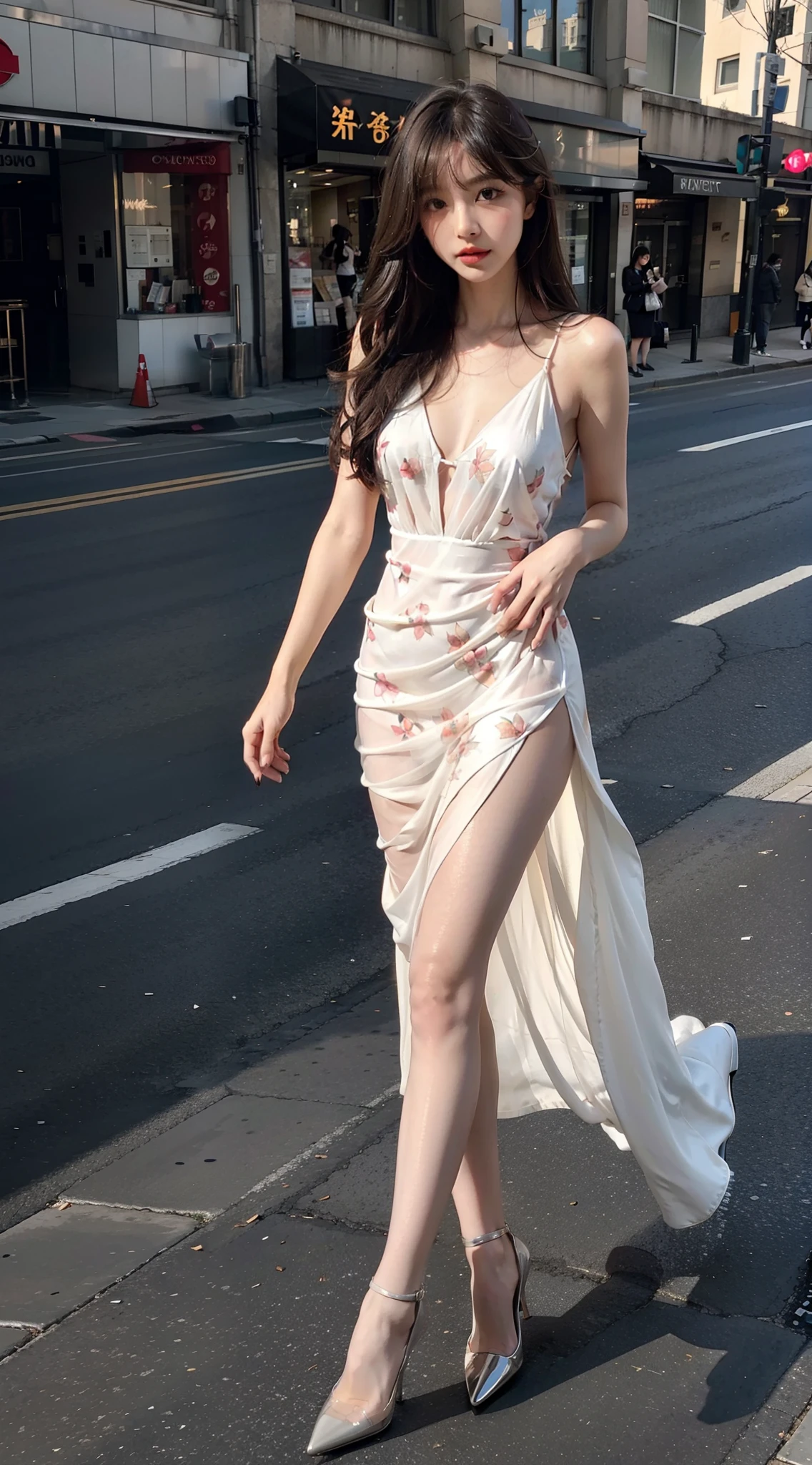 Heavy makeup,Stiletto pointed toe heels,Transparent colorless flesh silk pantyhose,Long legs,8K,On the street,In the daytime,By bangs,Single ball head,Floral dress