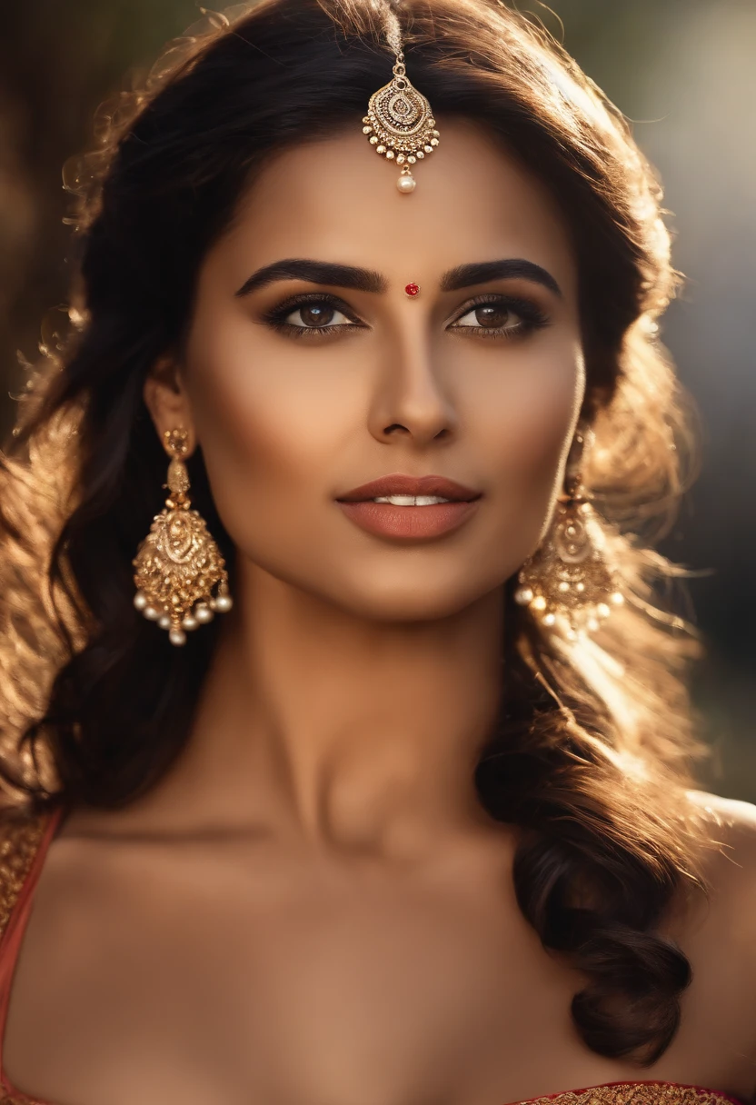 (La mejor calidad, 8k, 32K, Obra maestra, UHD:1.2),Foto de Pretty indian woman, senos grandes, Pelo corto, desnuda, collar, Fondo exterior, desde arriba, Mirando al espectador, sin ropa.