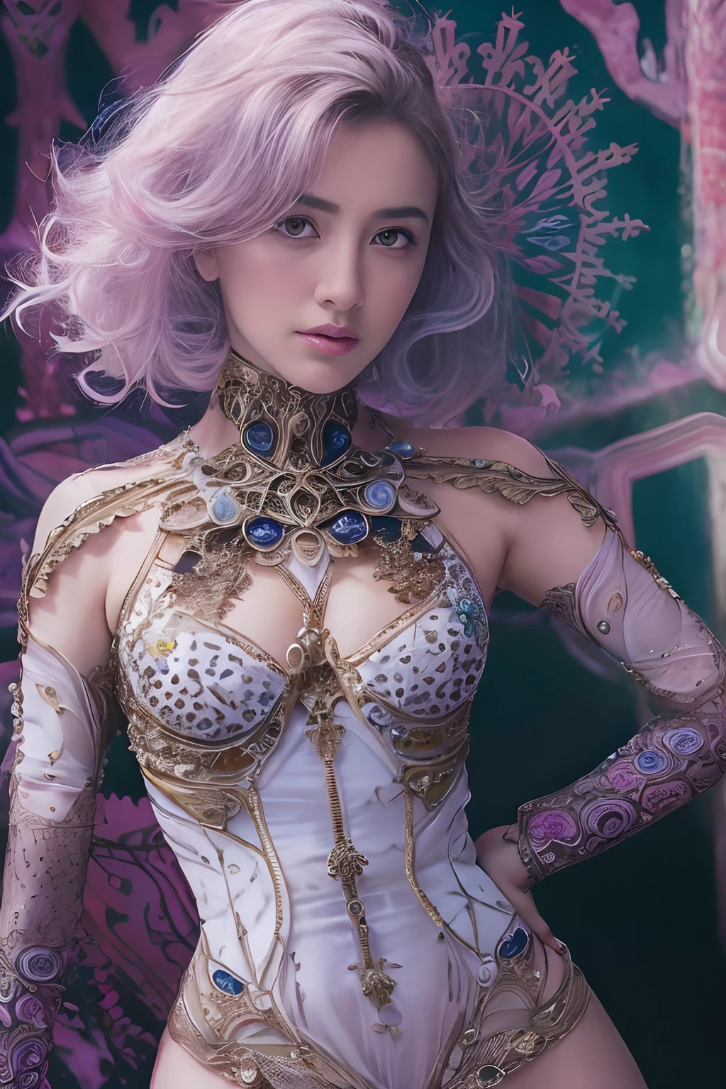(Expression of ecstasy:1.2), From Side, Photorealistic, Official art, Unity 8k wallpapr, 8K Portrait, Best Quality, Very high resolution, (Incredibly beautiful nature background:1.6), One girl, One beautiful age italian girl, sixteen years old, Obscene, (Sexy and glamorous:1.1), (A coquettish expression:1.6), (small breasts with raised pink areolas:1.6), Vulgarity, (seductively smiling:1.2), (full body1.0), (erotic posing:1.5), (Magic Attack Pose:1.6),(magical effects like sparkles or energy:1.5), (Electric shock from hands:1.1), (Detailed blue bodysuit with beautiful fractal or marble design:1.5), (Beautiful and d delicate ruby, topaz, emerald and sapphire jewelry:1.45),  Beautiful seductive face, Portrait, (Thick eyebrows:1.2), (Big purple eyes:1.2), Beautiful eyes with fine symmetry, (Ultra detailed eyes:1.4), (High resolution eyes:1.1), Intimate face, (ultra detailed skin texture:1.4), White skin, pale skin, Perfect Anatomy, Thin, (Beautiful toned body:1.1), Hair Bow, (Moist skin:1.1), full of sweat, No makeup, dark circles, Good anatomy, Focus Face, Good looking ing, (Emilia Clark:0.6)  (Emma watson:0.3),(Jennifer Connelly:0.4), (sensual face:1.5), Elegant face, Nice, Dolce, Cyberpunk Sci-Fi, (Gauntlets with intricate and beautiful designs:1.2), Blurred background, Blurred foreground, depth of fields, (Motion Blur:1.1), Complex and colorful biomechanical bodysuit, Zentangle, mandalas, Entangled,  (Small breasts:1.2), Sheer breast, (Beautiful:1.2), (NSFW:1.2), large hips, drivel,  Juice stain, grabbing on breasts,