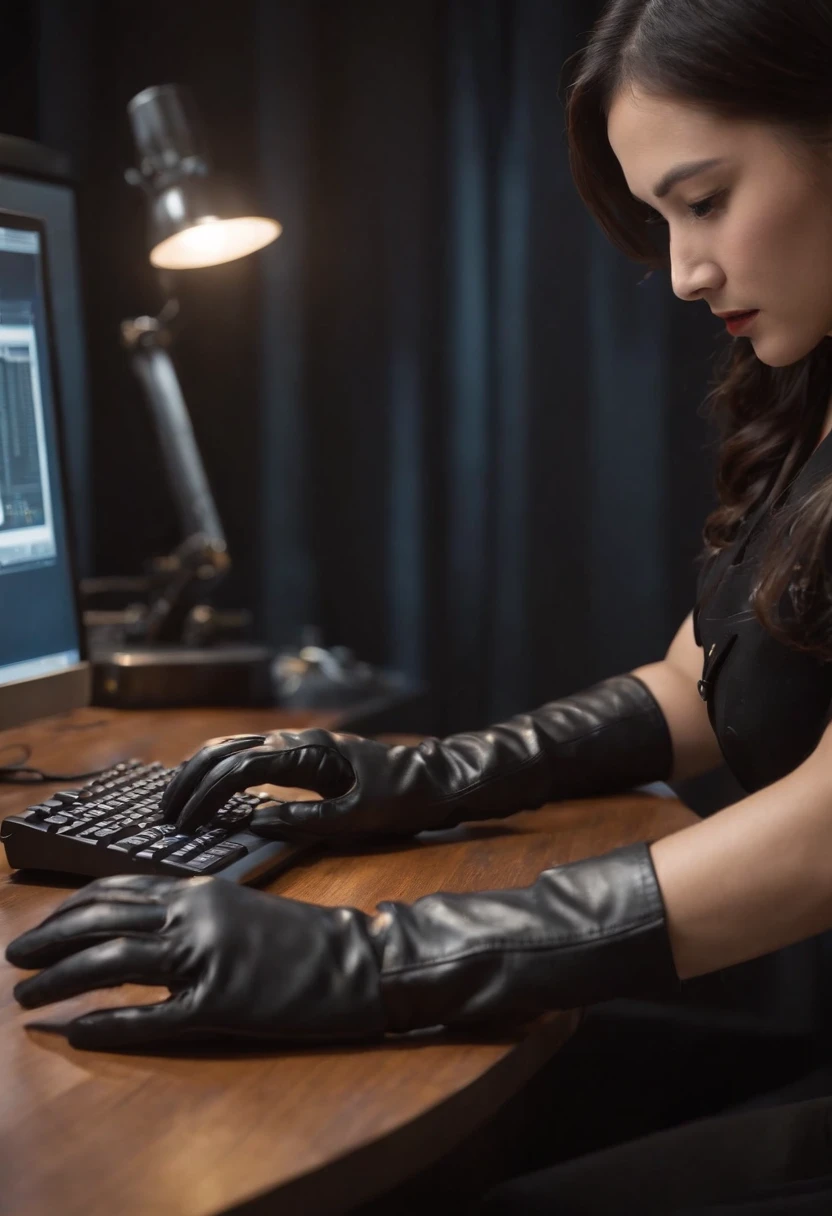 Wearing black leather gloves in both hands, upper body, black business suit, facing the desk in my room with a computer in the dark, tapping the keys of the computer keyboard with the fingertips of black leather gloves while looking at the screen, black hair bundled in the back for a long time, Japanese female new employee (black leather gloves cover both hands) (angle is in the front)