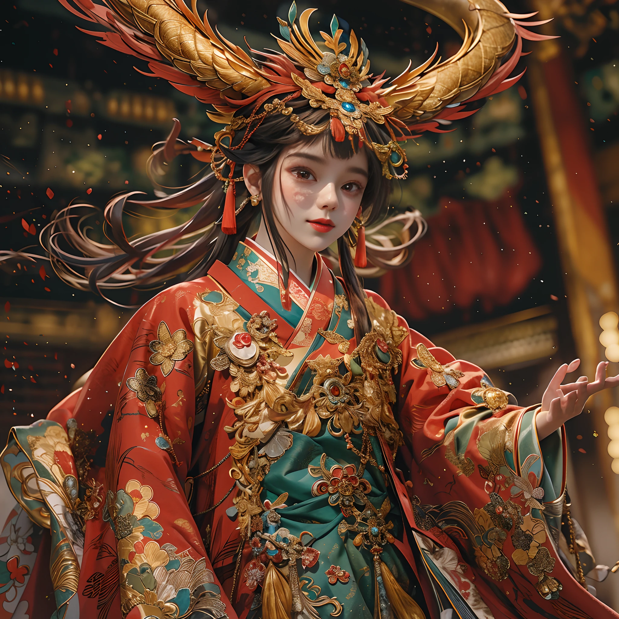 8K，RAW photos，best qualtiy，tmasterpiece，realisticlying，photograph realistic，ultra - detailed，（The upper part of the body， portraitures:1.5），nipple tassels，（On stage，A Peking Opera actor stands on a red stage painted with a golden dragon motif。His face was solemn，The facial features are clearly defined。His slender eyes flashed with confidence and determination，Like two bright stars。The costumes of the actors are also very gorgeous。He wore a red dress decorated with gold thread，The wide cuffs fluttered with his movements，It creates a majestic atmosphere。He wears a crown of golden armor，It is decorated with colorful gemstones，Shining with a shimmer。A blue phoenix-patterned shawl was draped over his shoulders。The actor's face makeup is top-notch。He has a white base，Use a delicate brush to outline rich black brows and deep eyeliner，Set off his sharp gaze。His cheeks were painted bright red，Symbolizes enthusiasm and energy。Exaggerated red lipstick is applied to the lips，Make his smile dramatic。His fingers flexed flexibly，Elegant and precise hand movements, Humble and obedient demeanor）