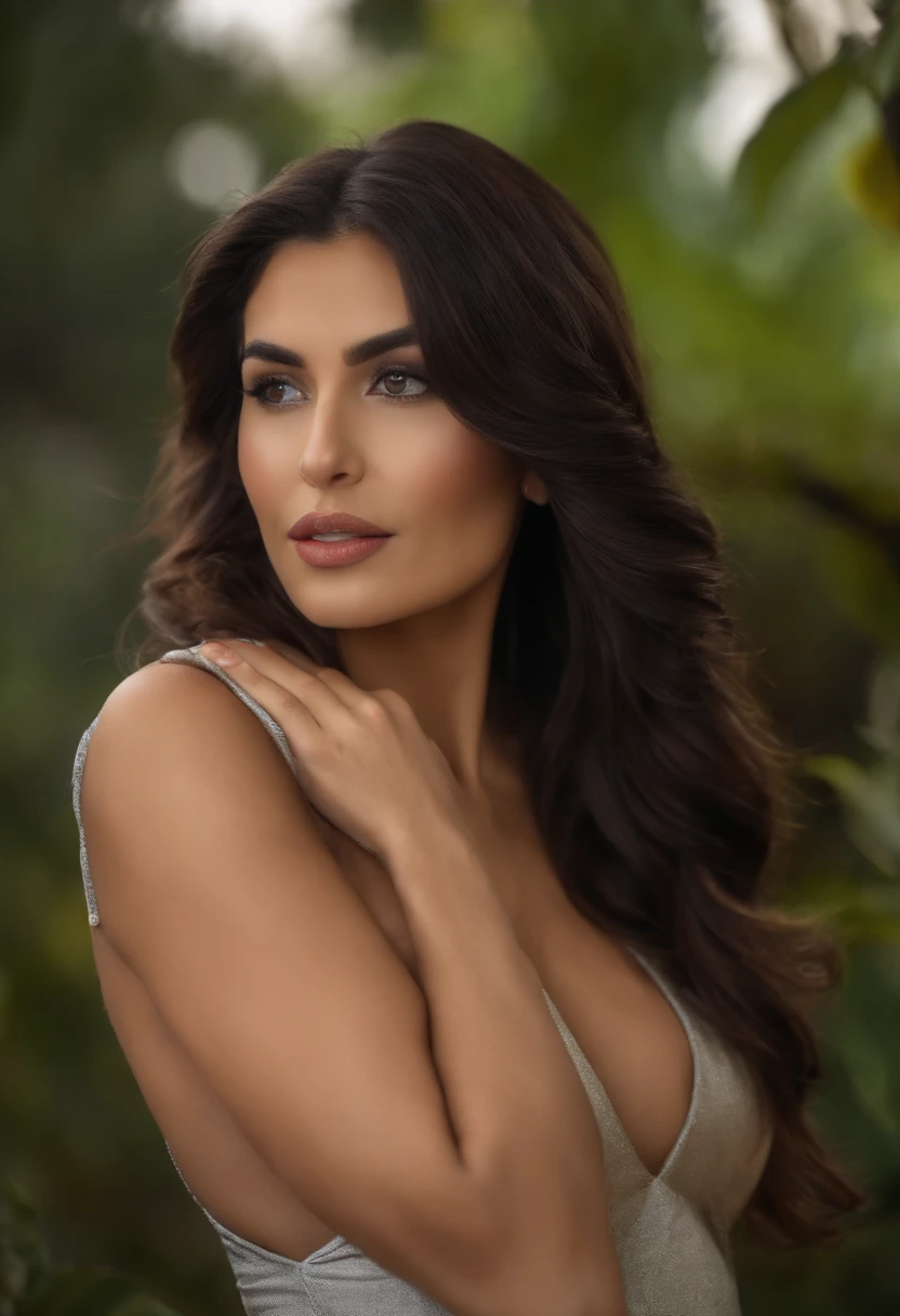 (La mejor calidad, 8k, 32K, Obra maestra, UHD:1.2),Foto de Pretty mexican woman, senos grandes, Pelo corto, desnuda, collar, Fondo exterior, desde arriba, Mirando al espectador, sin ropa.