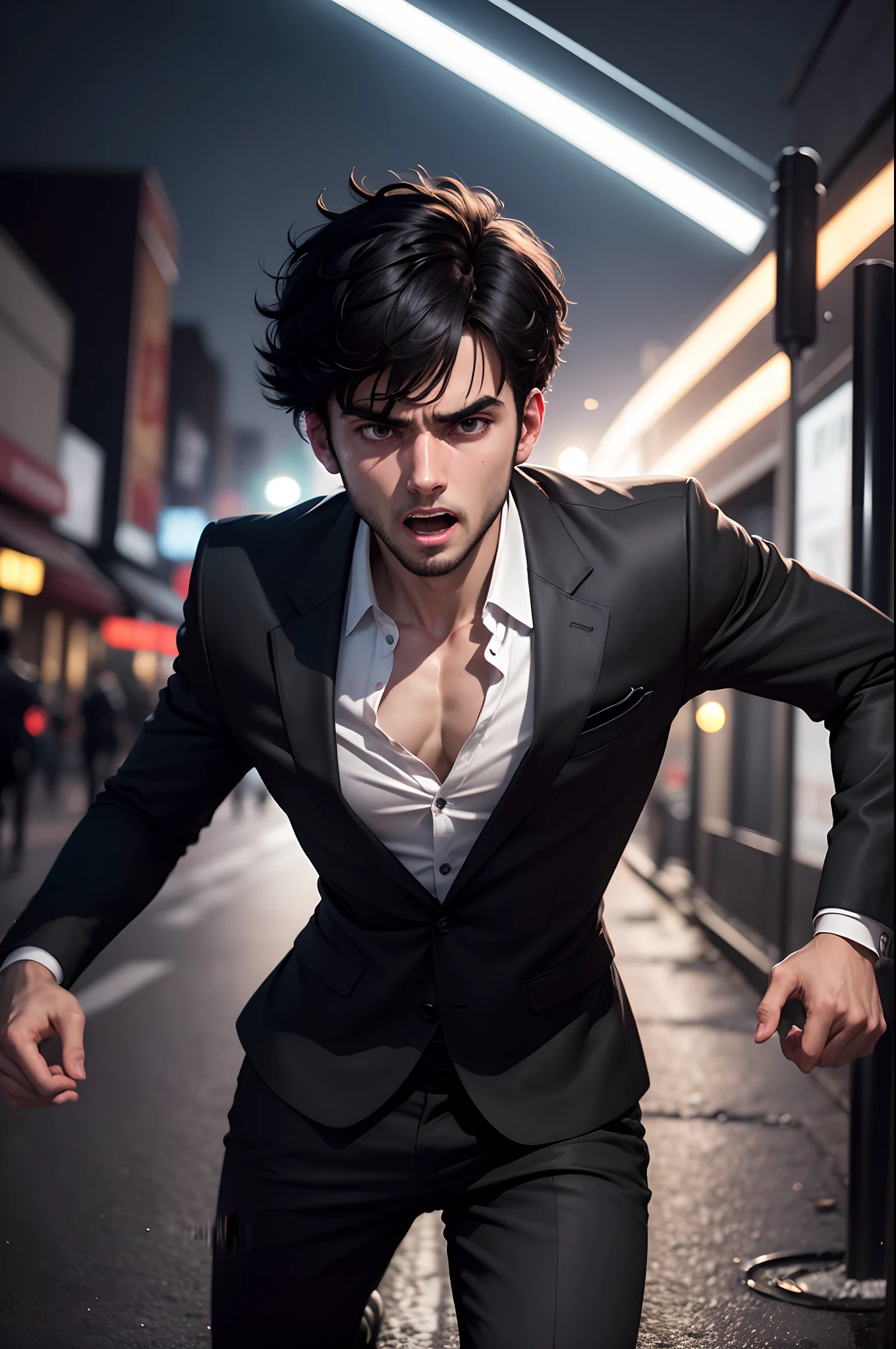 Realistic 8k image of a 25-year-old man, short black hair, wearing a black blazer with a white blouse underneath, expression of terror, running down an empty night street, night scene