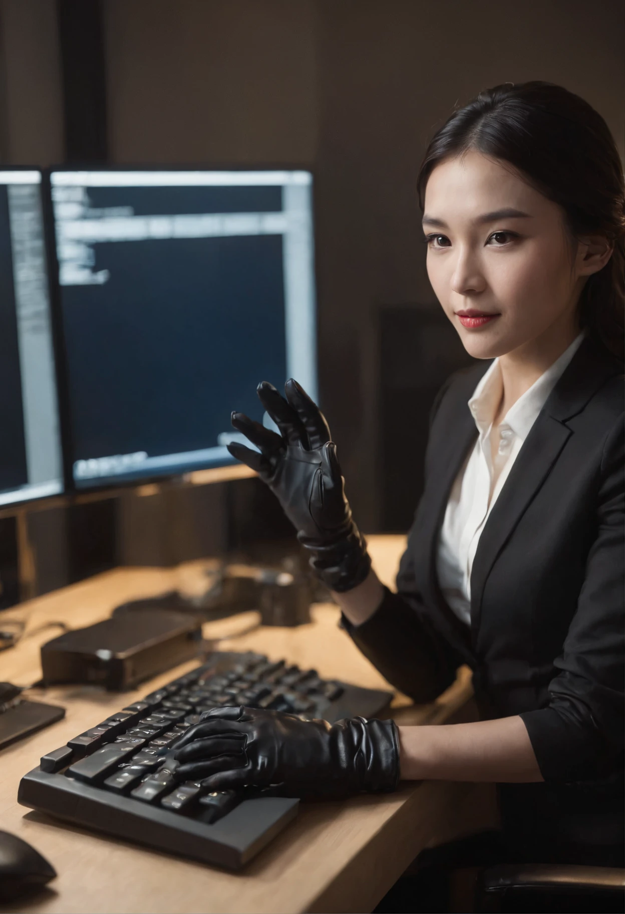 Wearing black leather gloves in both hands, upper body, black business suit, facing the desk in my room with a computer in the dark, tapping the keys of the computer keyboard with the fingertips of black leather gloves while looking at the screen, black hair bundled in the back for a long time, Japanese female new employee (black leather gloves cover both hands) (angle is in the front)