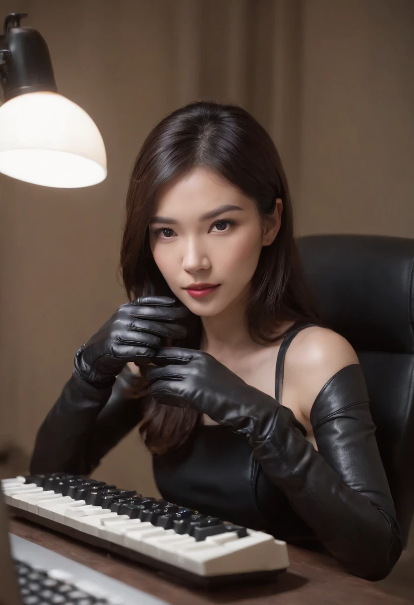 Wearing black leather gloves in both hands, upper body, black business suit, facing the desk in my room with a computer in the dark, tapping the keys of the computer keyboard with the fingertips of black leather gloves while looking at the screen, black hair bundled in the back for a long time, Japanese female new employee (black leather gloves cover both hands) (angle is in the front)